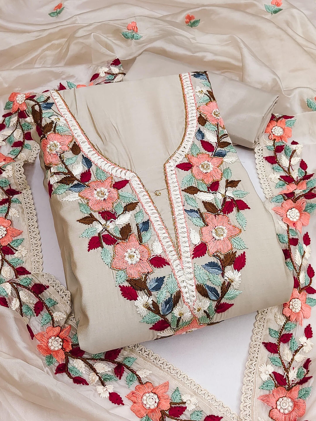 

SAINOOR Floral Embroidered Pure Silk Unstitched Dress Material, Cream