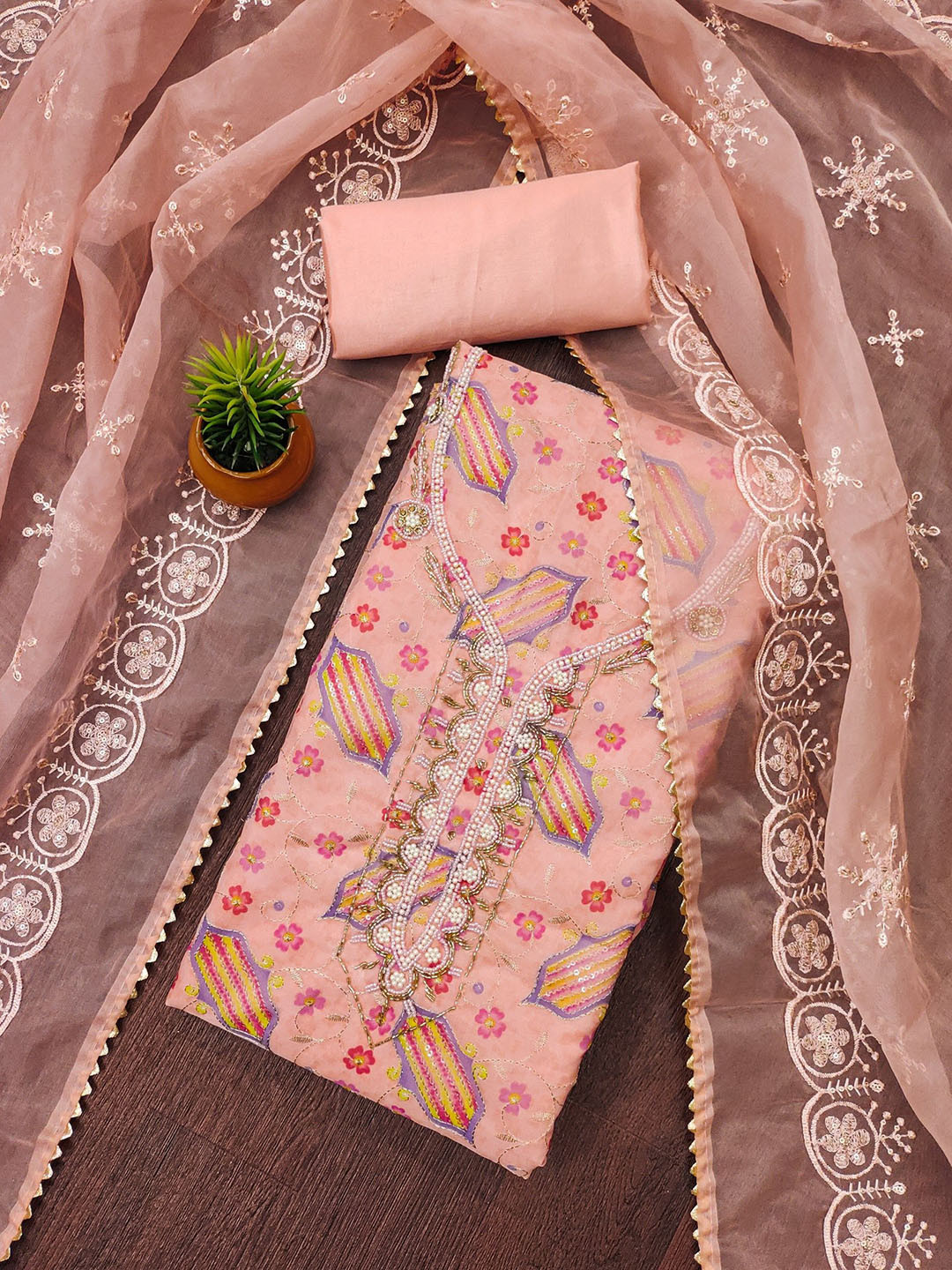 

Rangtulika Floral Printed Beads And Stones Organza Unstitched Dress Material, Peach
