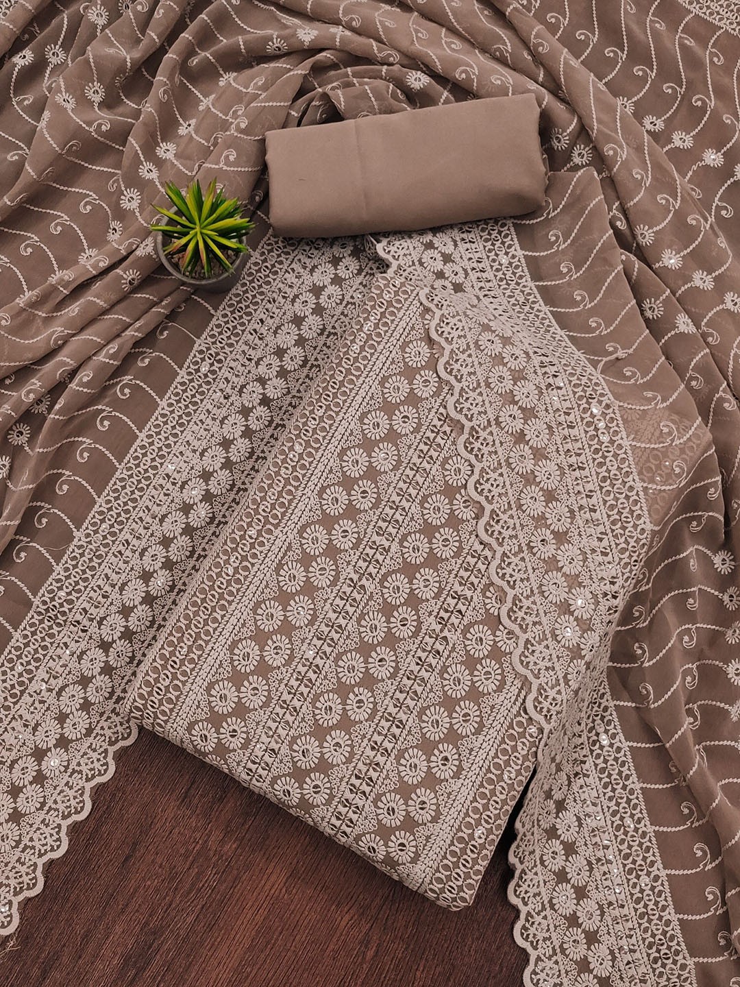 

Rangtulika Ethnic Motifs Embroidered Thread Work Unstitched Dress Material, Brown