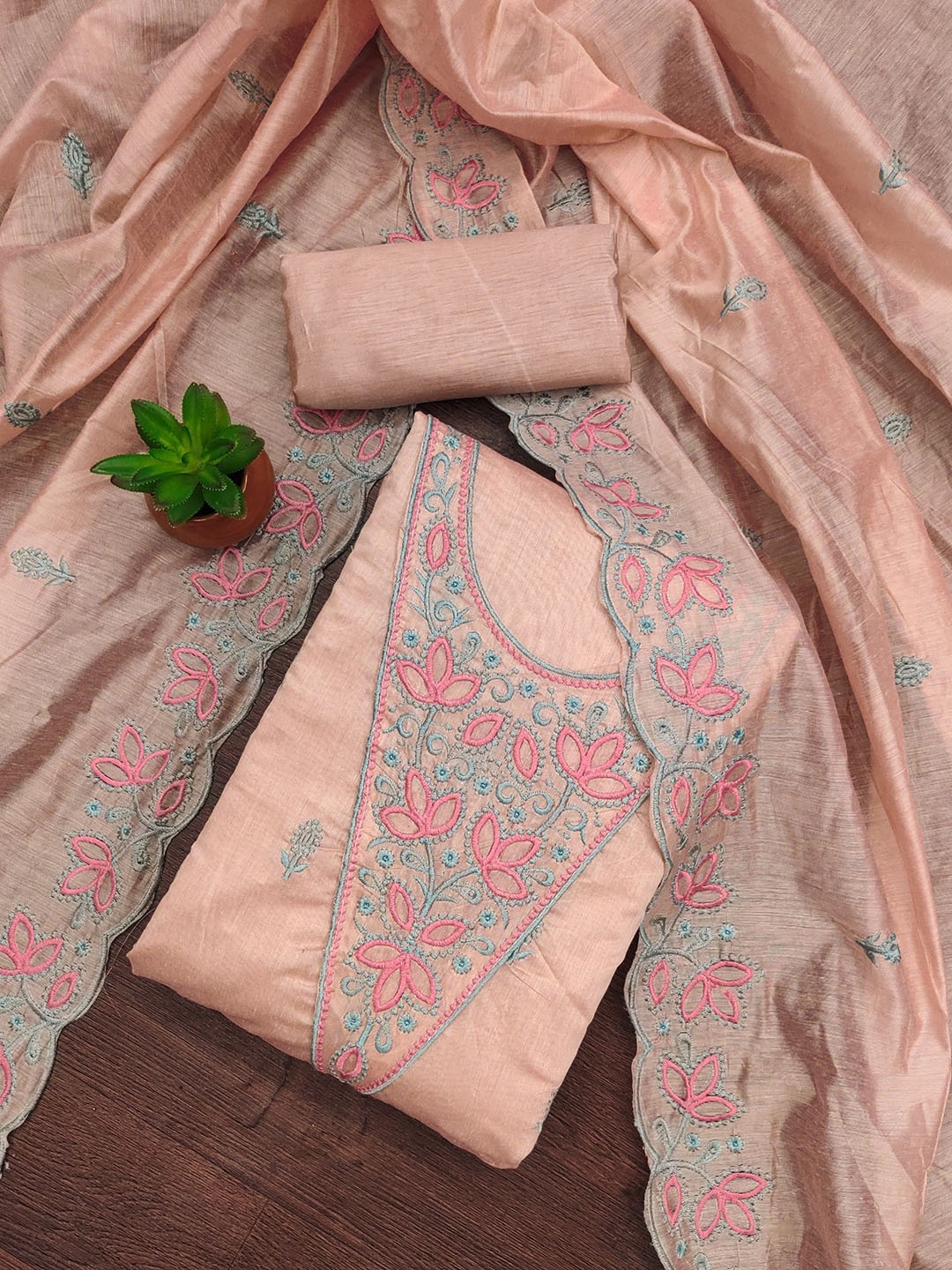 

Rangtulika Floral Embroidered Unstitched Dress Material, Peach