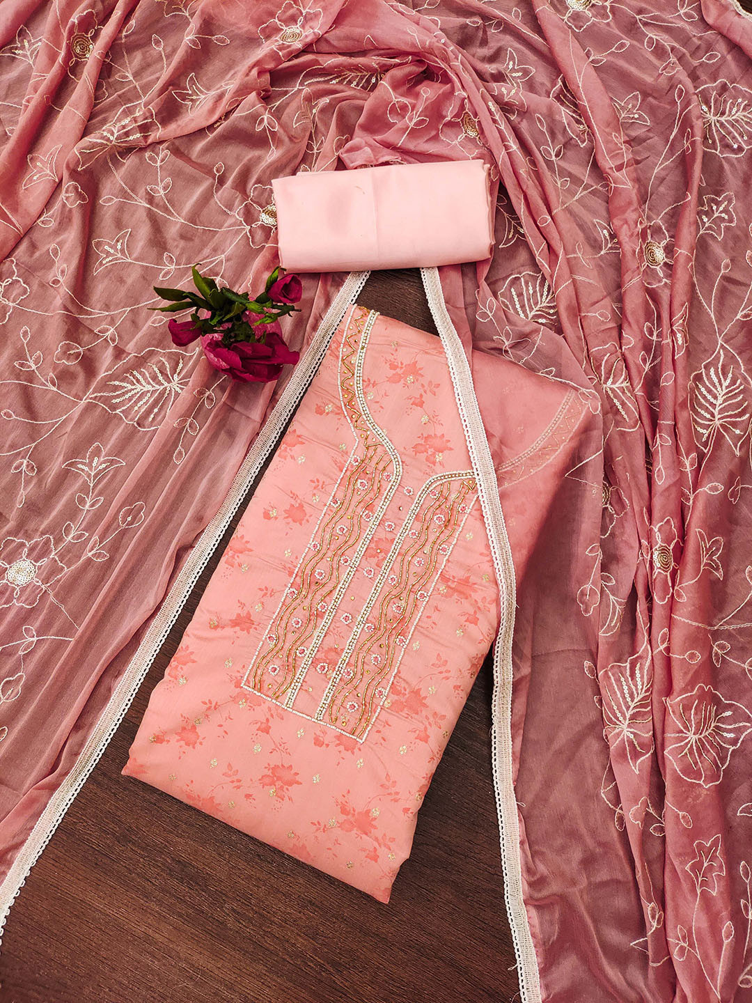 

SAINOOR Floral Embroidered Beads and Stones Pure Silk Semi-Stitched Dress Material, Peach