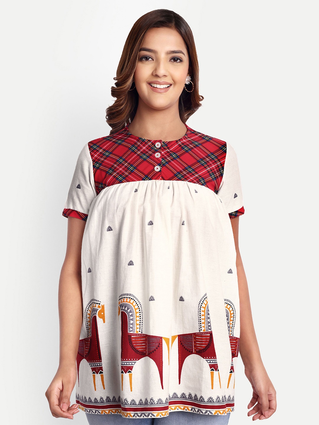 

Suha Ethnic Motifs Printed Pleated Anarkali Kurti, White