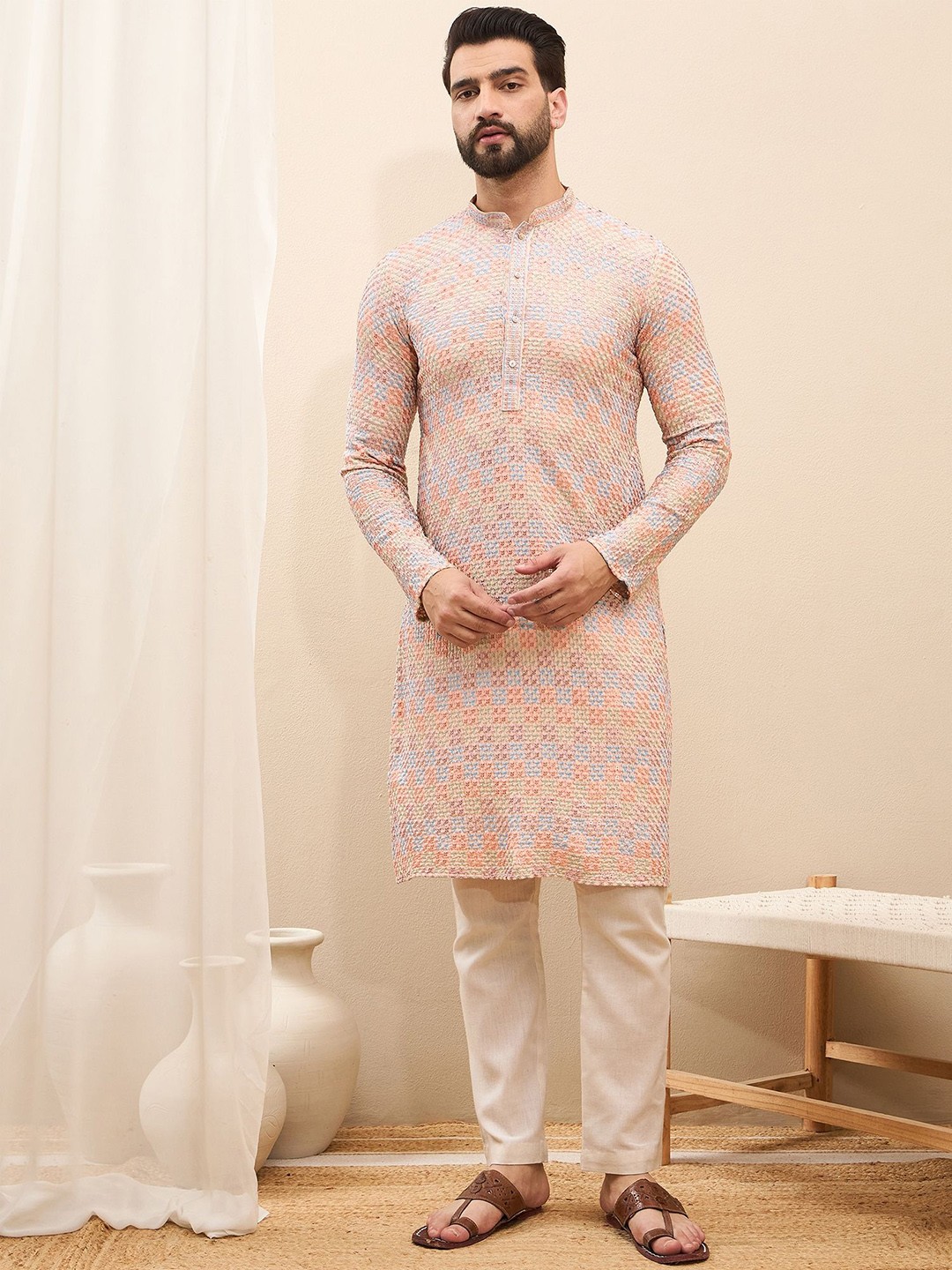 

SWAGG INDIA Ethnic Motifs Embroidered Thread Work Straight Kurta, Peach