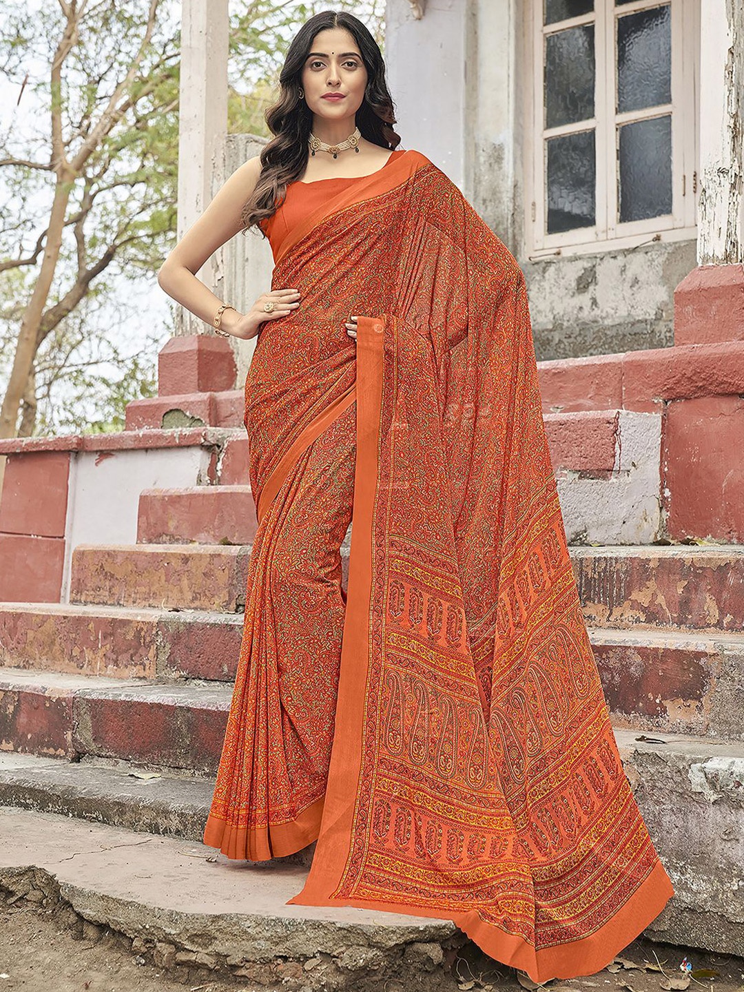 

Anouk Rustic Floral Poly Chiffon Dabu Saree, Orange