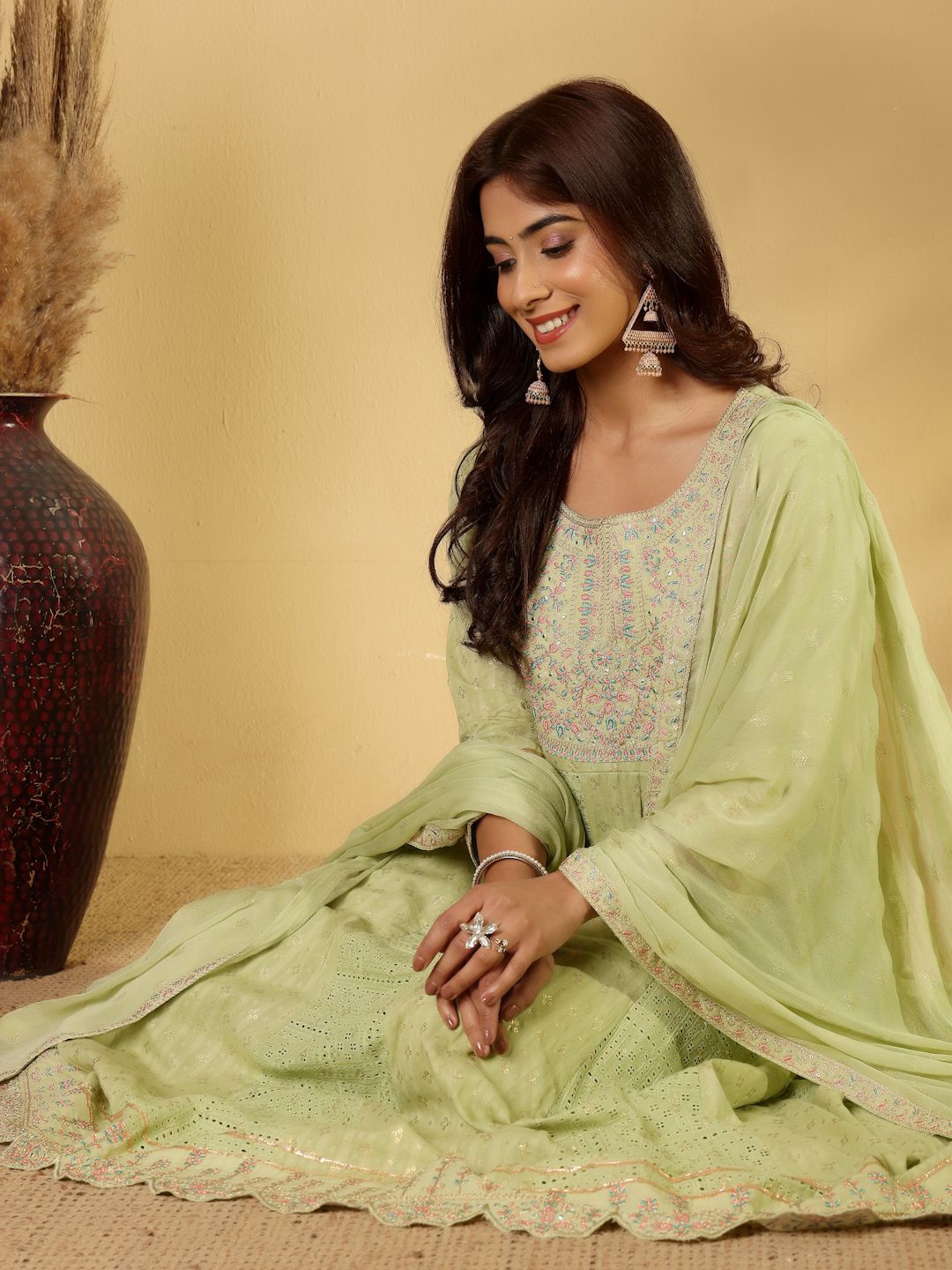 

House of Pataudi Floral Printed Pure Cotton Panelled Anarkali Kurta With Trouser & Dupatta, Lime green