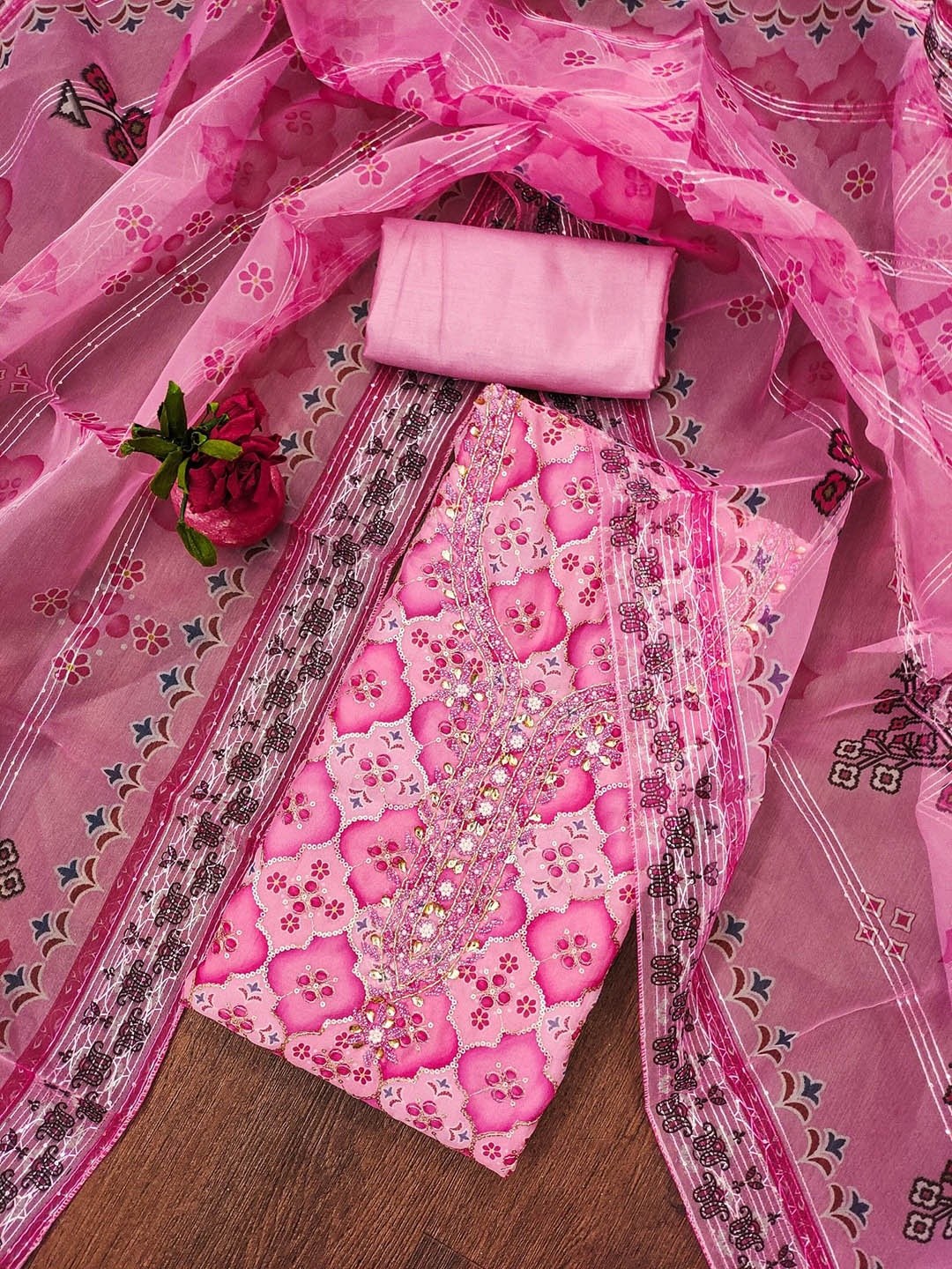 

Rangtulika Ethnics Floral Printed Embellished Organza Unstitched Dress Material, Pink