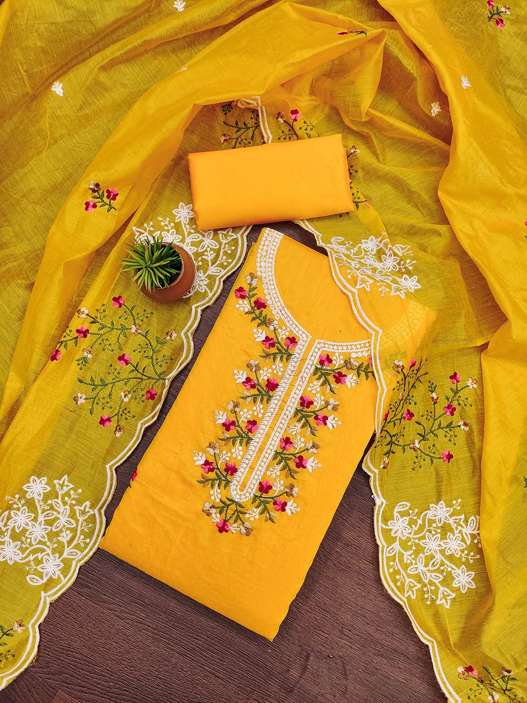 

SAINOOR Floral Embroidered Chanderi Cotton Unstitched Dress Material, Yellow