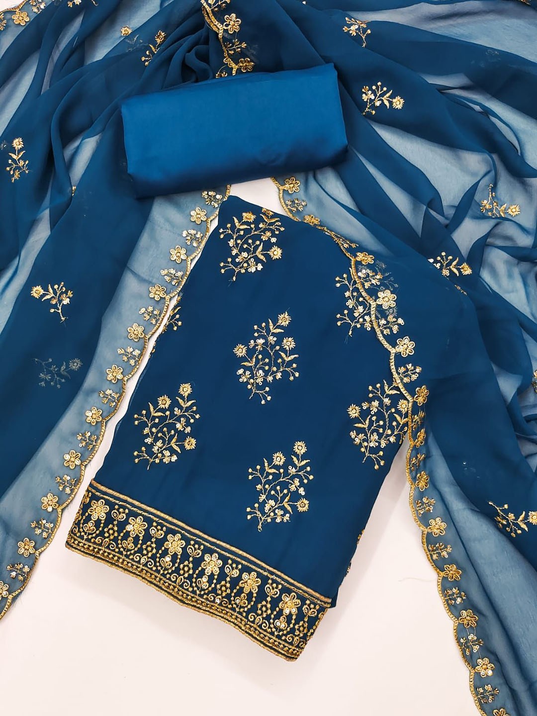 

Rangtulika Floral Embroidered Sequinned Unstitched Dress Material, Blue