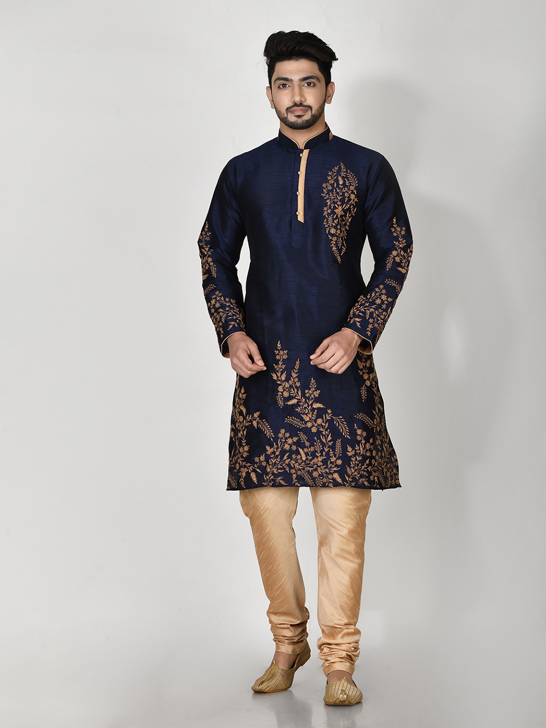 

RANAK Floral Woven Design Mandarin Collar Kurta, Blue
