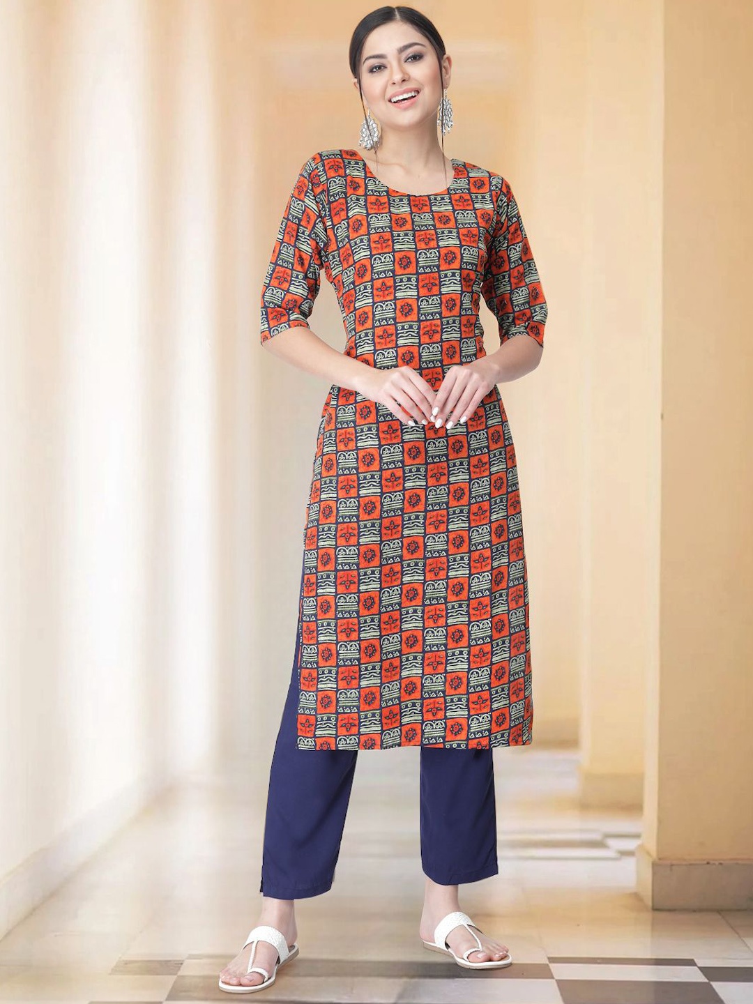 

Moda Rapido Geometric Printed Straight Kurta with Trousers, Orange