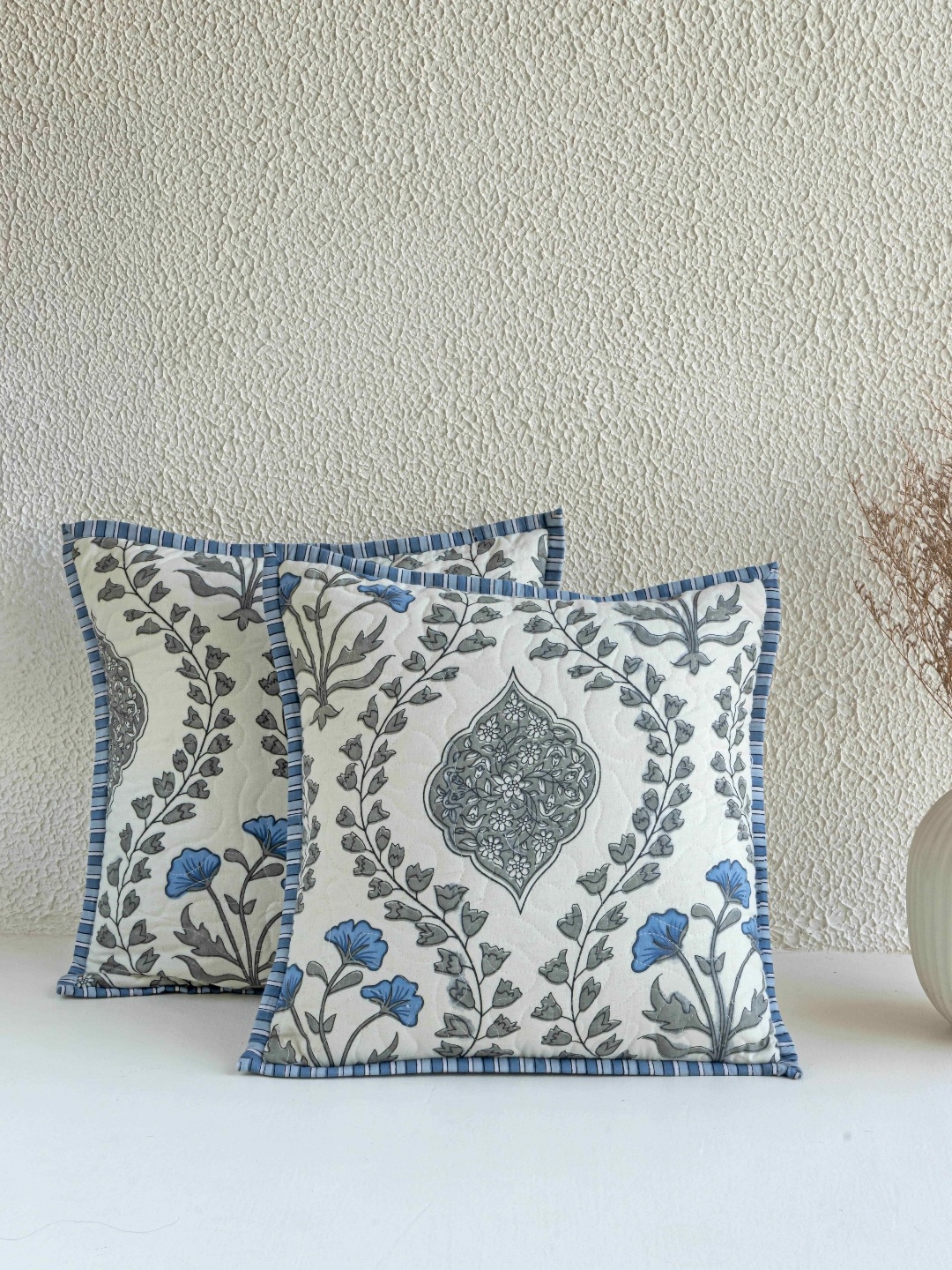 

Clasiko Blue & Grey Set of 2 Floral Square Cushion Covers