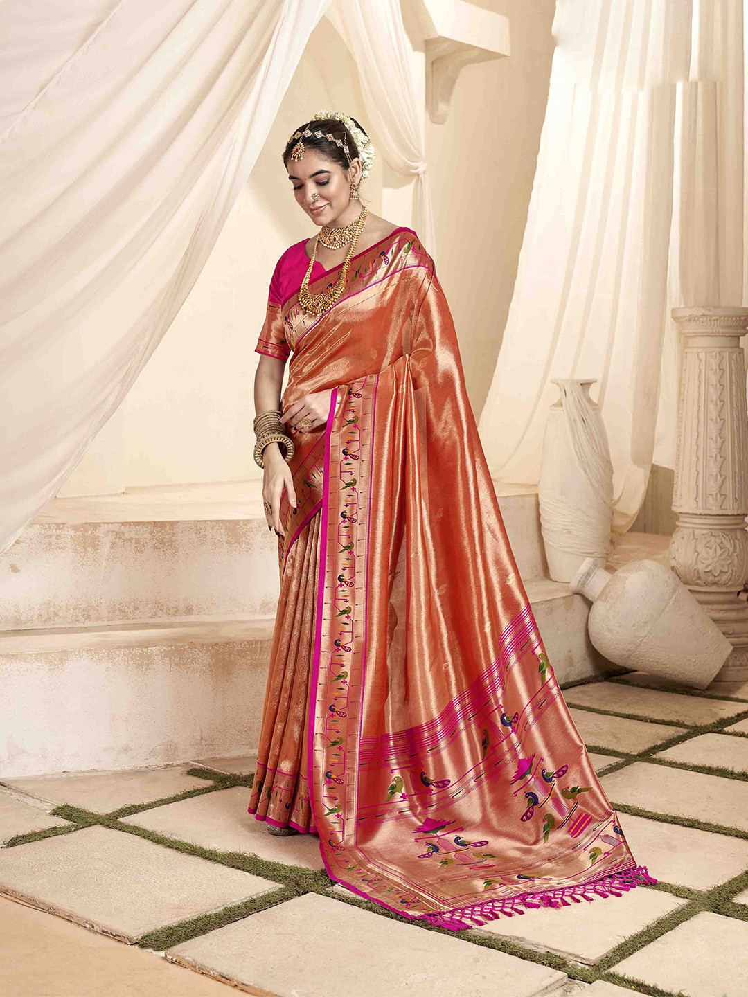 

Blissta Woven Design Zari Silk Blend Paithani Saree, Rust