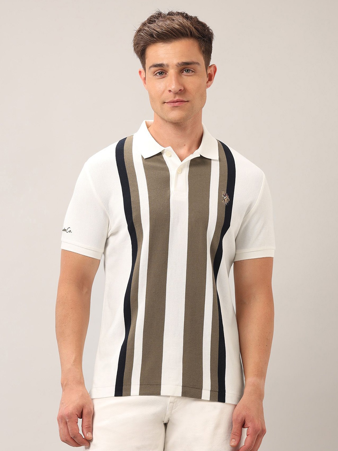 

U.S. Polo Assn. Denim Co. Men Brand Logo Striped Polo Collar Pockets Slim Fit T-shirt, Beige