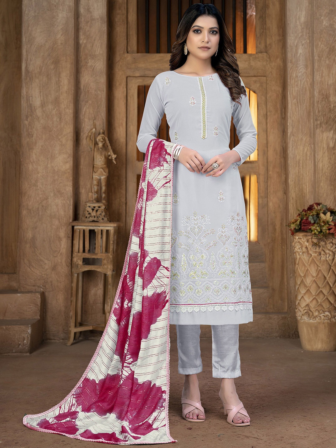 

SAINOOR Floral Embroidered Thread Work Silk Georgette Semi-Stitched Dress Material, Grey