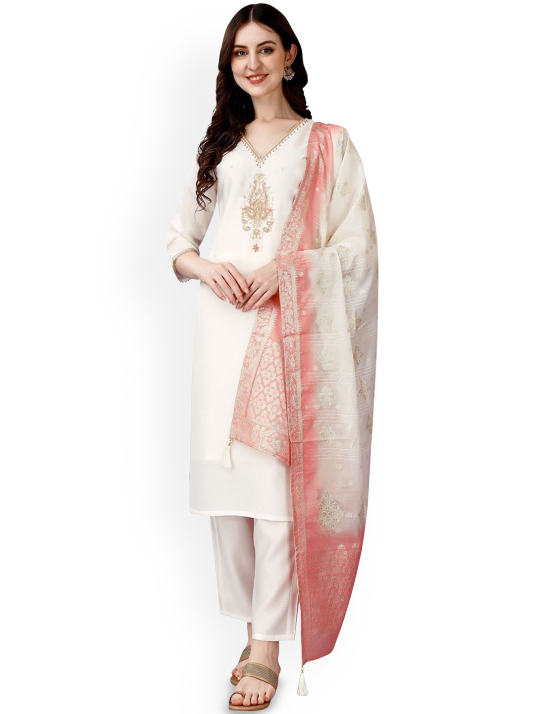 

ZEEPKART Floral Embroidered V-Neck Sequinned Straight Kurta With Trousers & Dupatta, White