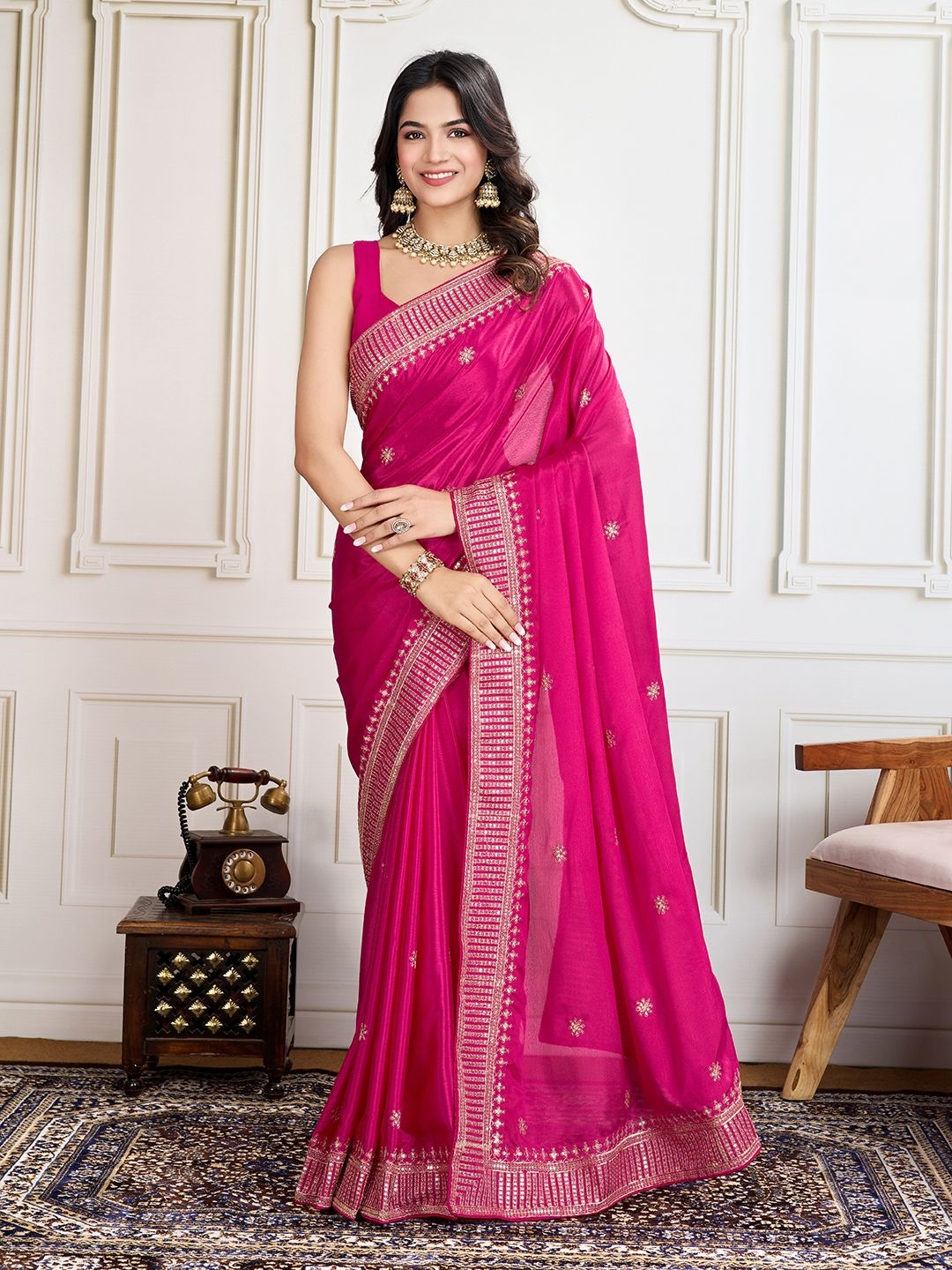 

House of Pataudi Cadberry Embroidered Saree With Unstitched Blouse, Pink