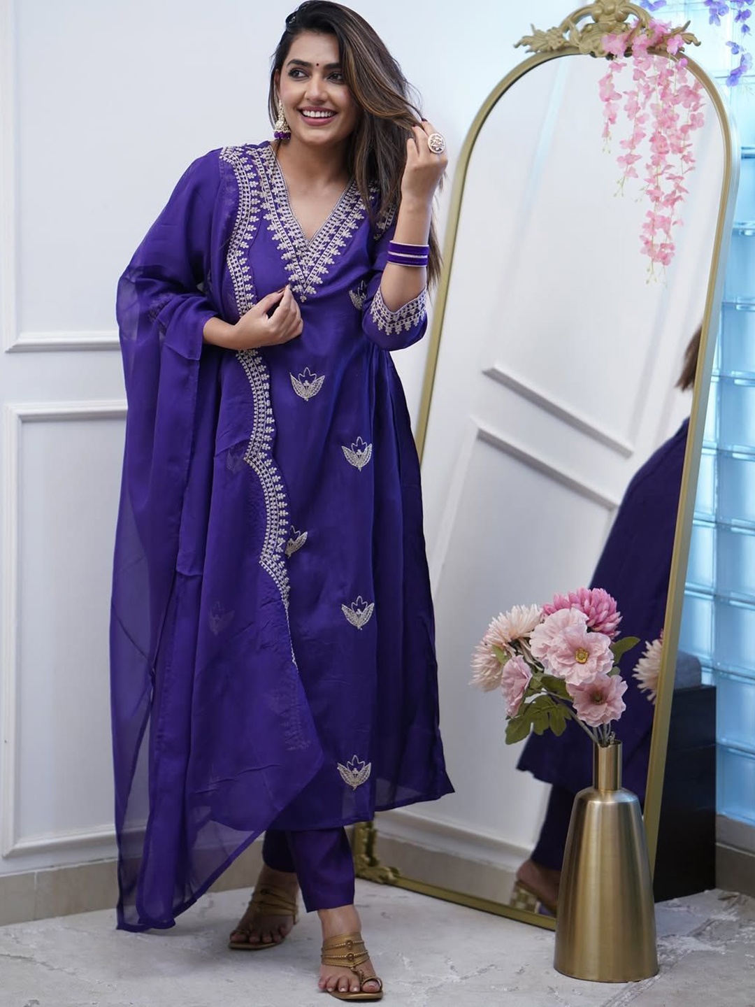 

Sitanjali Floral Embroidered Thread Work Chanderi Cotton Kurta with Trousers & Dupatta, Purple