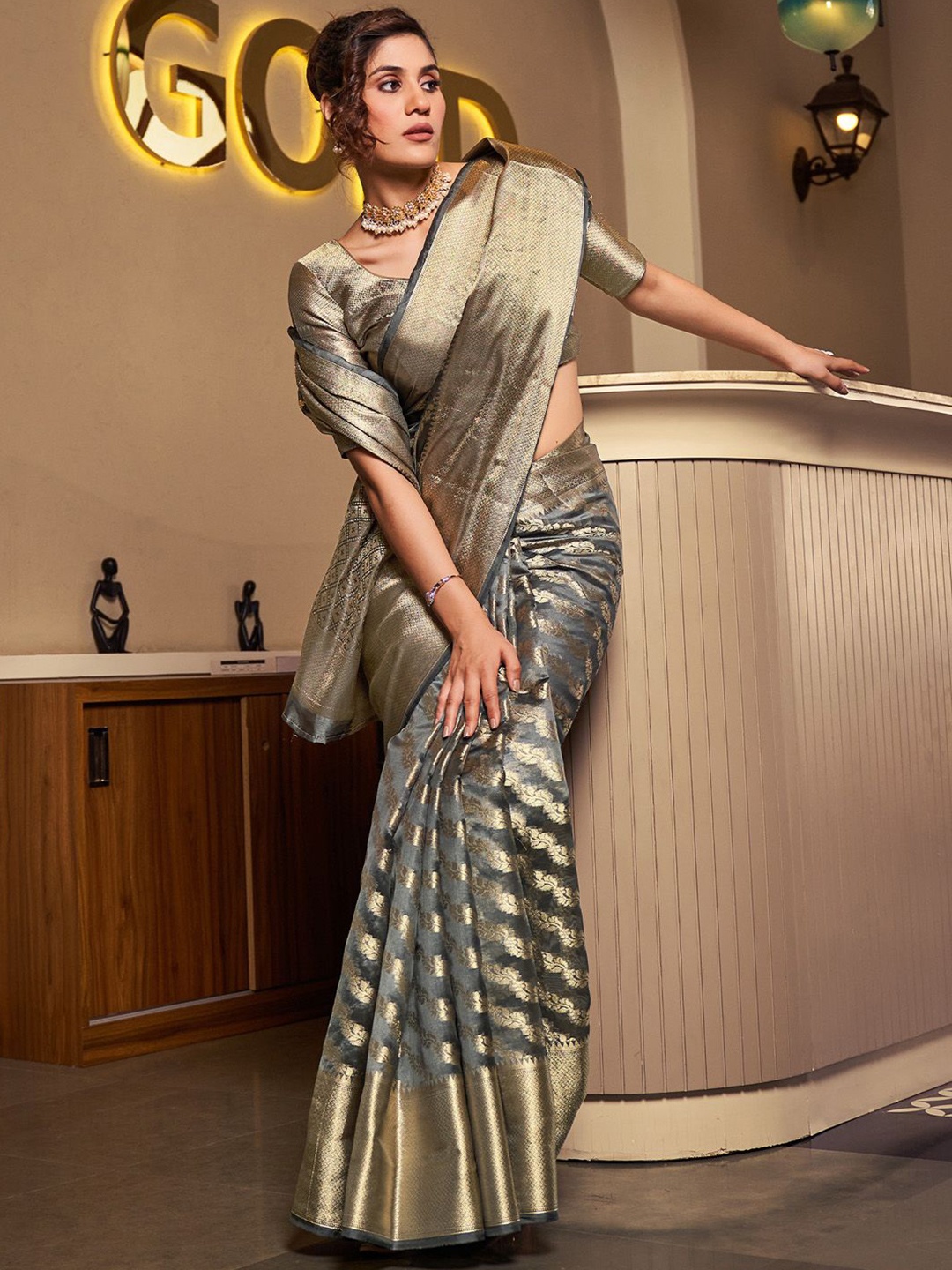 

Mitera Woven Design Zari Organza Banarasi Saree, Grey