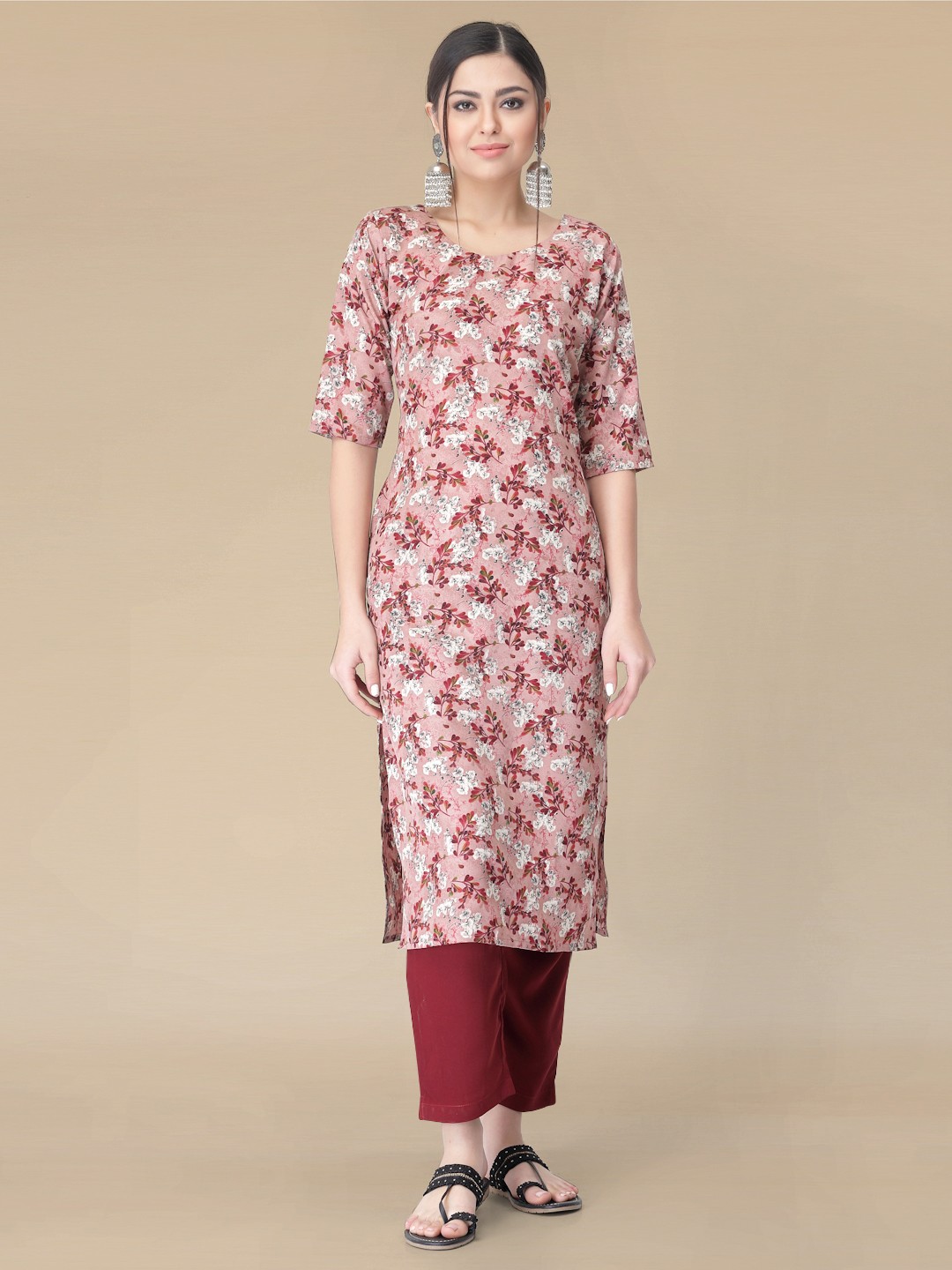 

Moda Rapido Floral Printed Round Neck Straight Kurta With Trouser, Peach