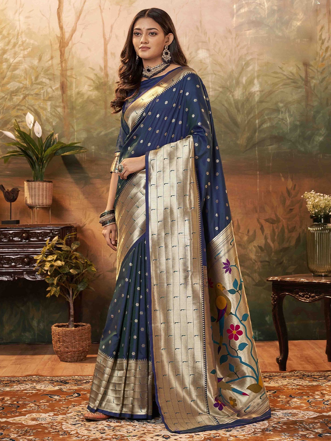 

KIMISHA Woven Design Zari Silk Blend Handloom Paithani Saree, Navy blue