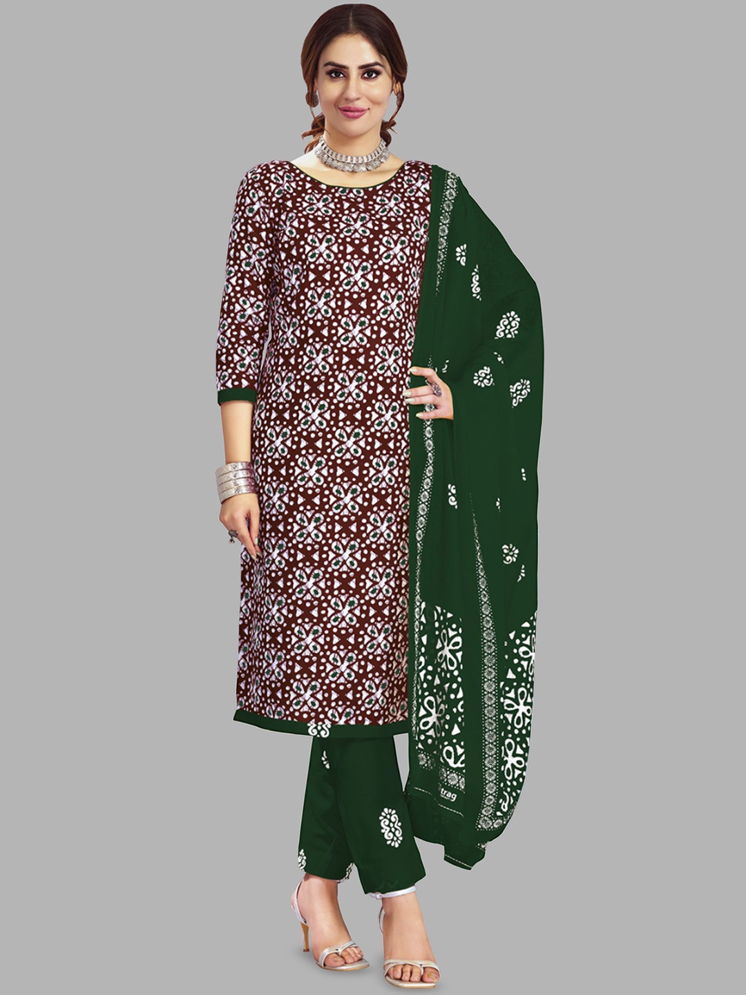 

Simmu Floral Printed Pure Cotton Straight Kurta With Trousers And Dupatta, Brown