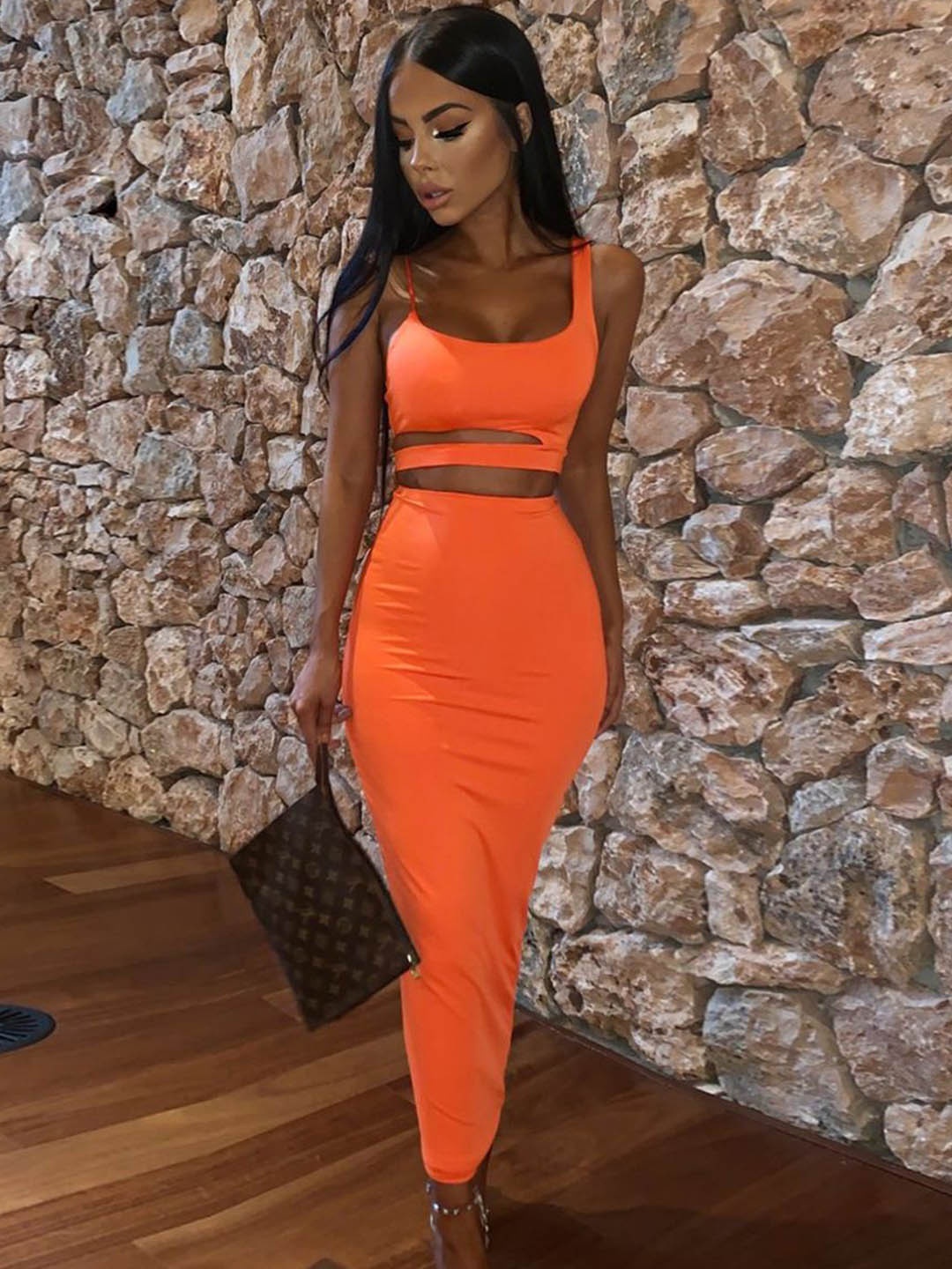 

StyleCast Square Neck Sleeveless Crop Top With Skirt, Orange