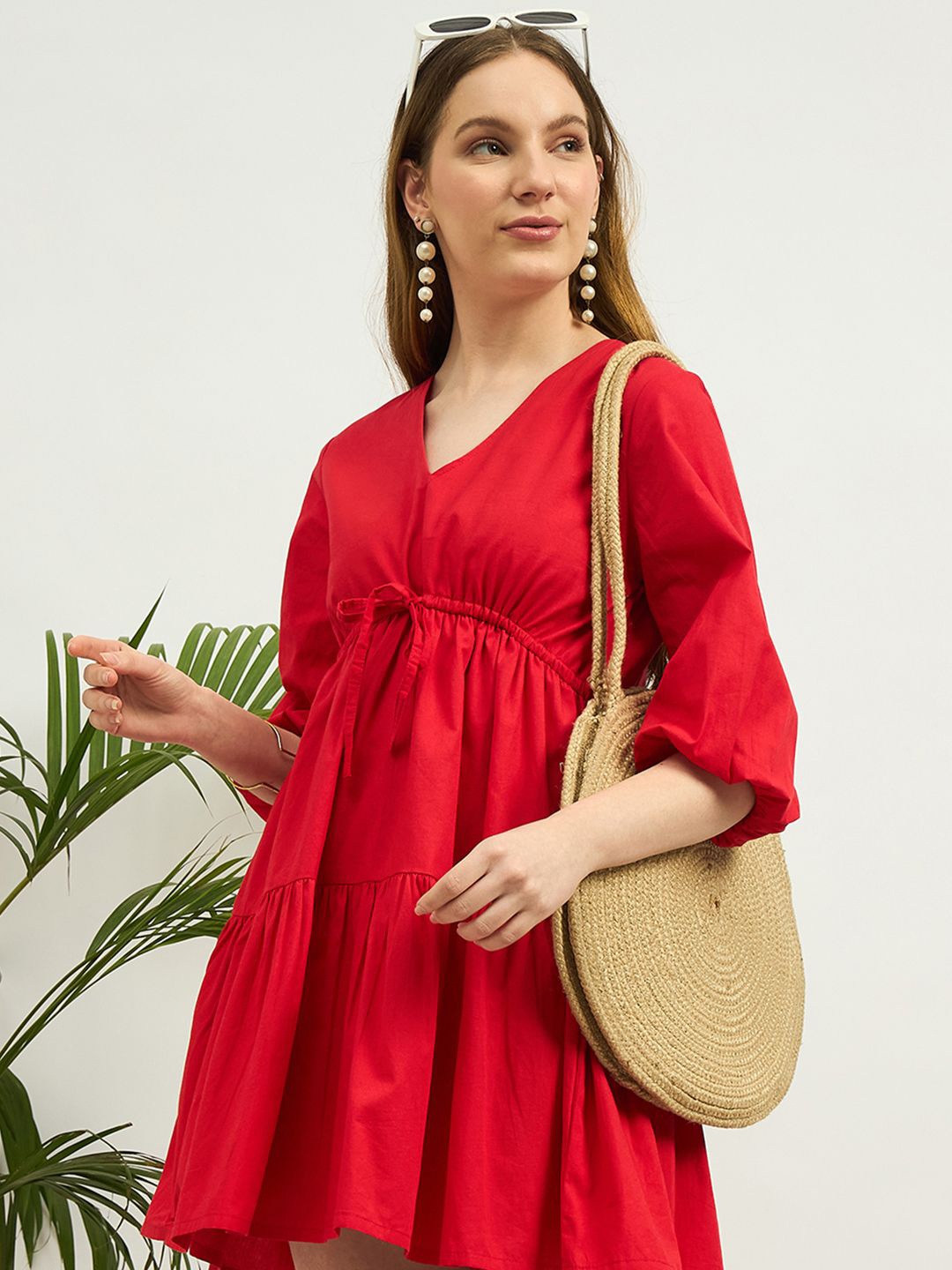 

ZUMMER Puff Sleeve Fit & Flare Dress, Red
