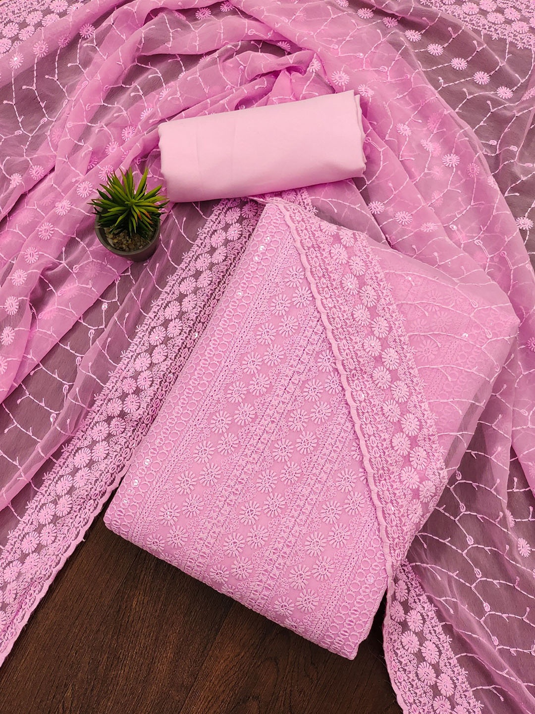 

Rangtulika Ethnic Motifs Embroidered Thread Work Unstitched Dress Material, Pink