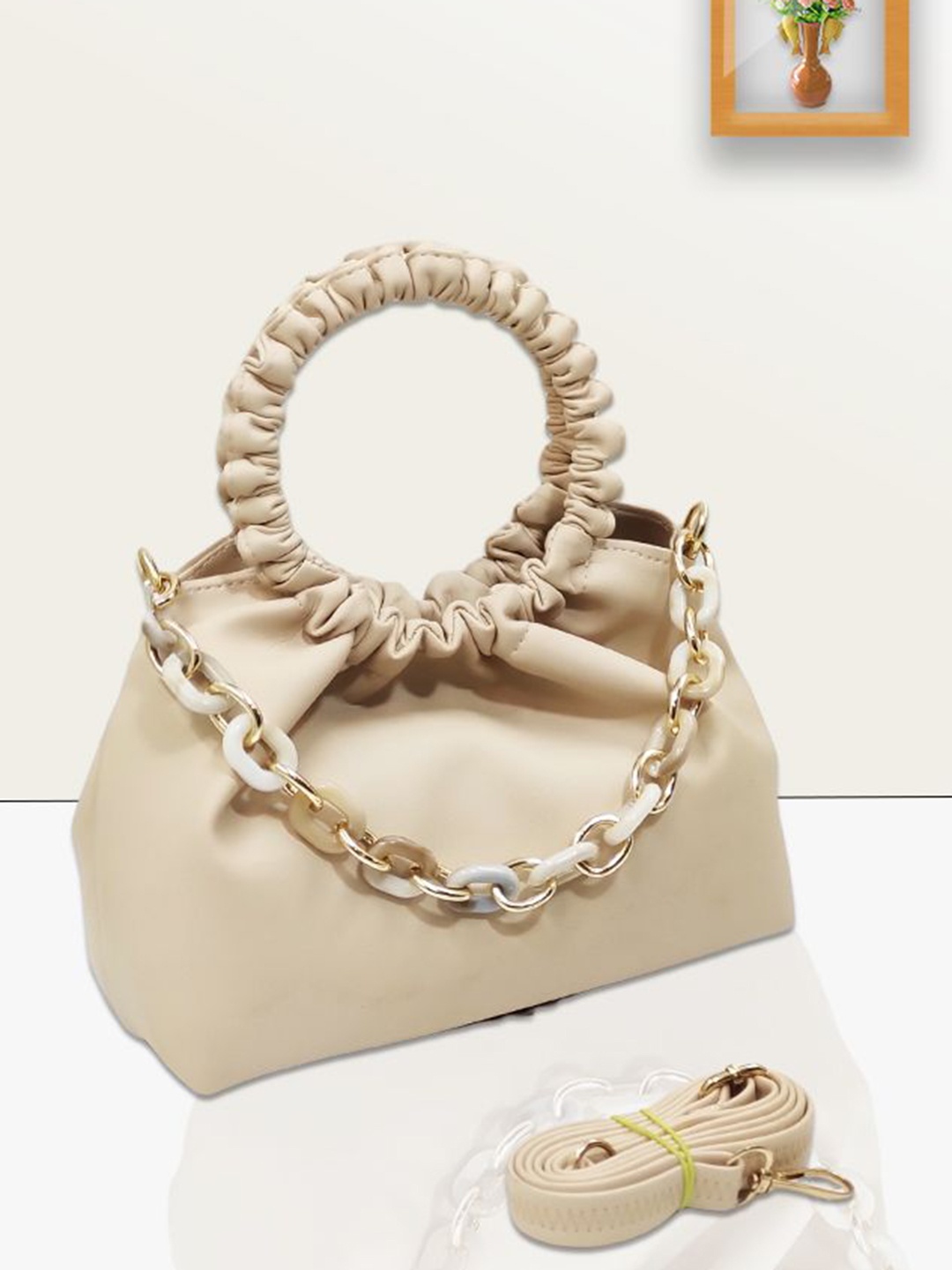 

MAGNIFIQUE Textured PU Sling Bag with Quilted, Beige