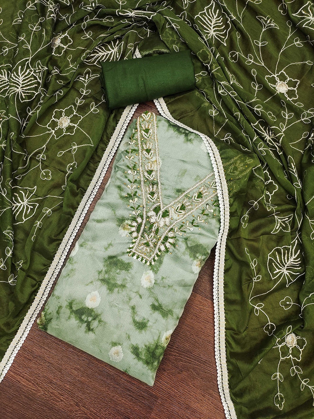 

SAINOOR Floral Embroidered Beads & Stones Unstitched Dress Material, Green