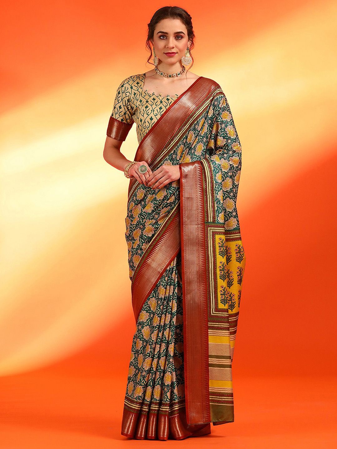 

Anouk Rustic Ethnic Motifs Zari Silk Blend Sungudi Saree, Green