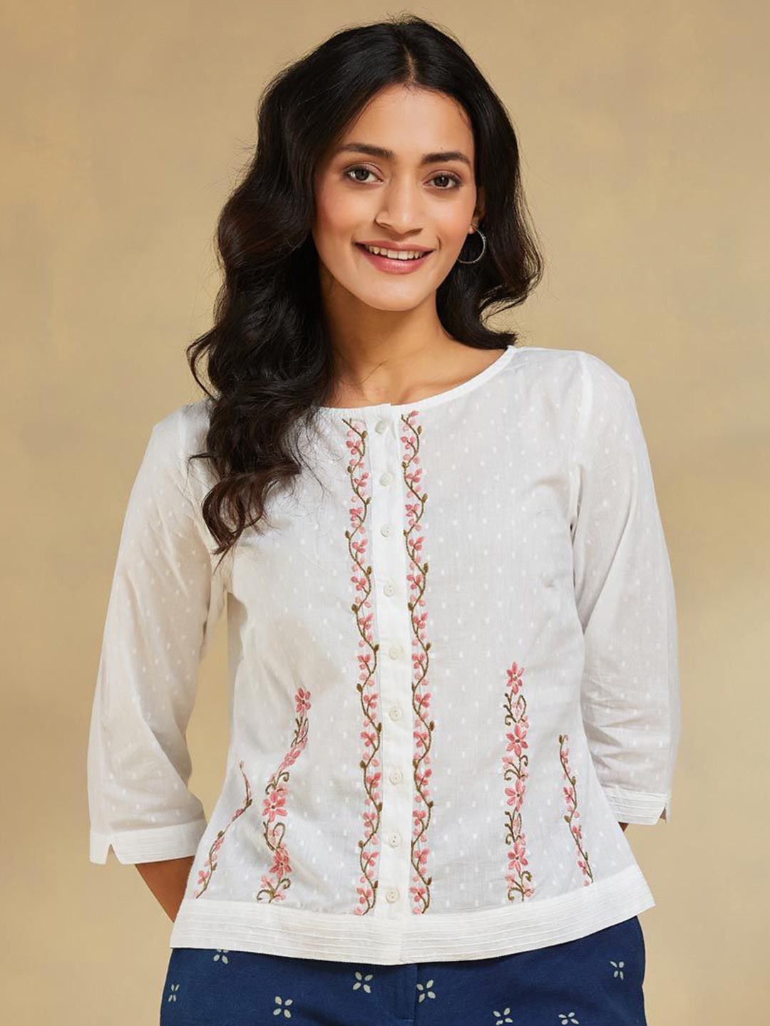 

Fabindia Embroidered Puff Sleeve Cotton Top, White