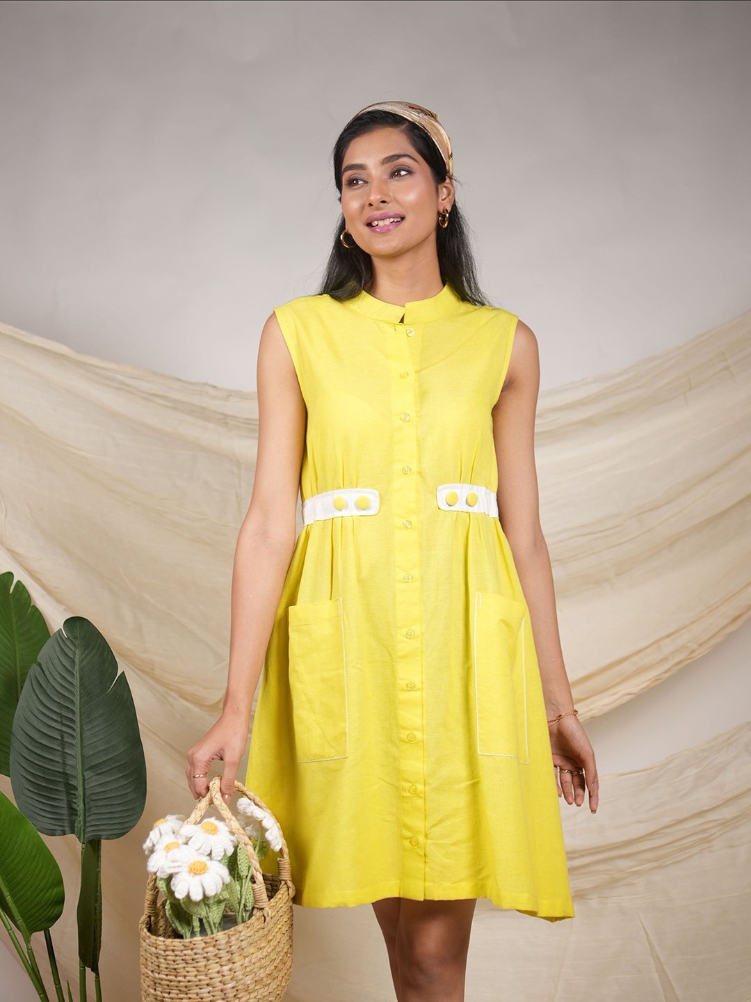 

ATTIBO Linen Fit & Flare Dress, Yellow