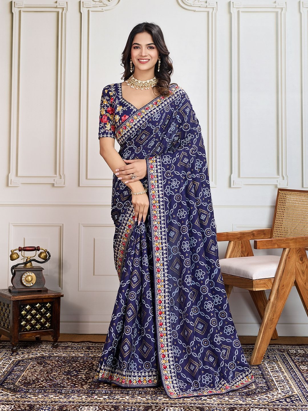 

House of Pataudi Panetar Bandhani Printed With Embroidered Saree With Unstitched Blouse, Navy blue