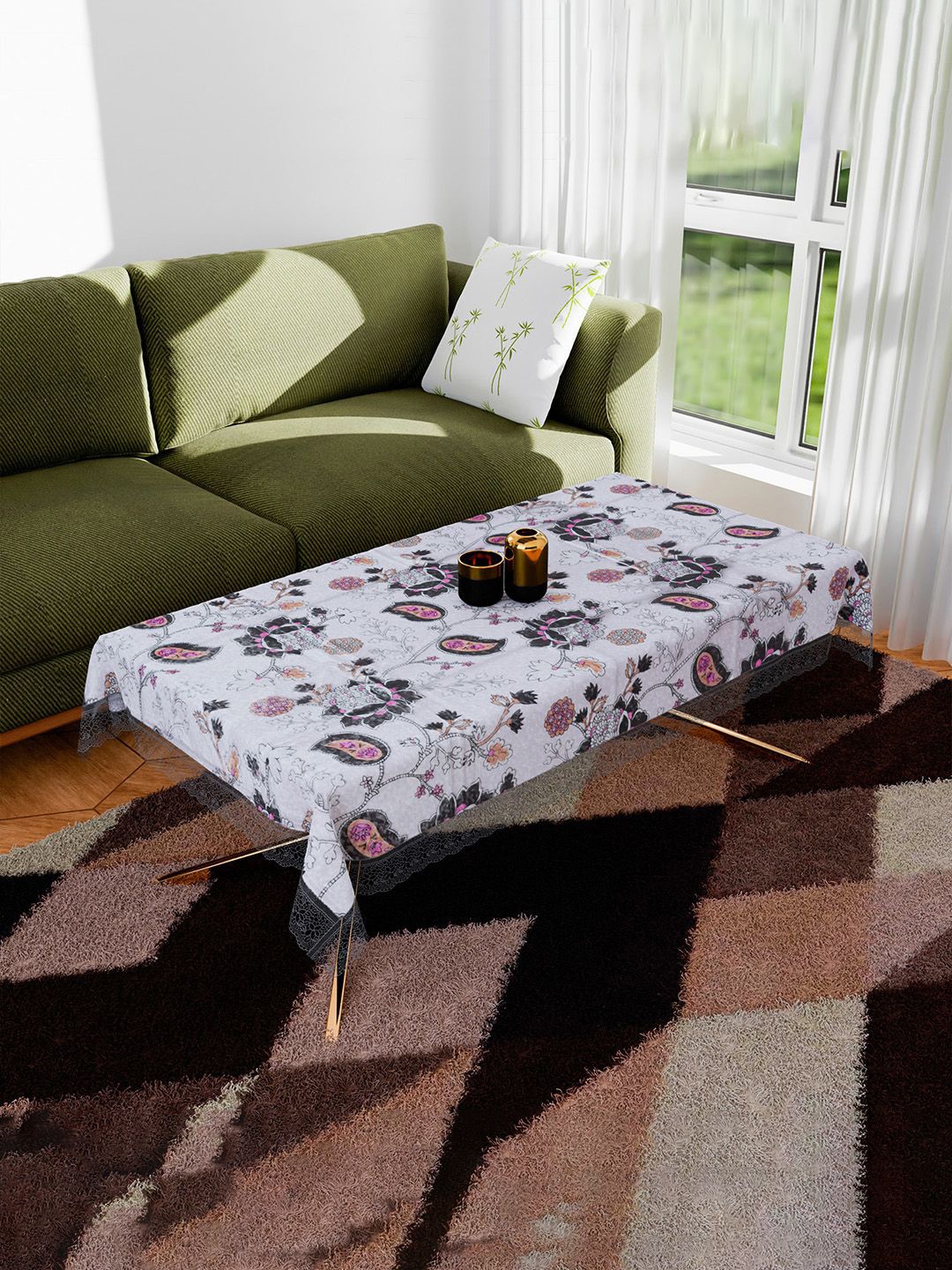 

Kuber Industries White & Black Floral Printed Anti-Skid 4-Seater Table Cover