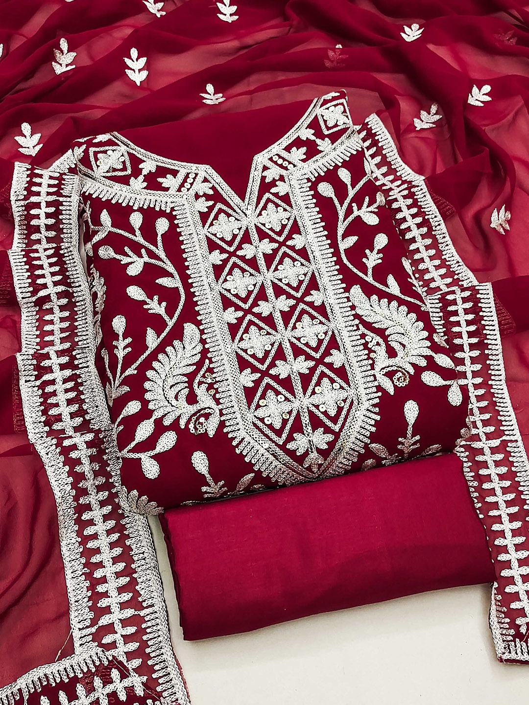 

SAINOOR Ethnic Motifs Embroidered Silk Georgette Unstitched Dress Material, Maroon