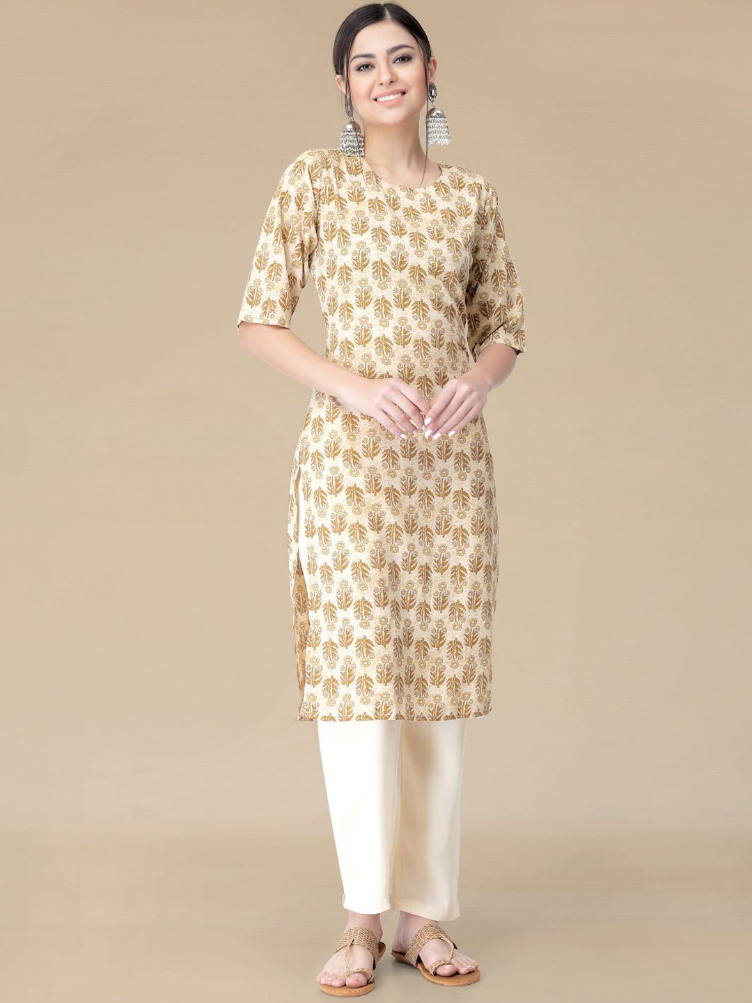 

Moda Rapido Floral Printed Straight Kurta with Trousers, Beige