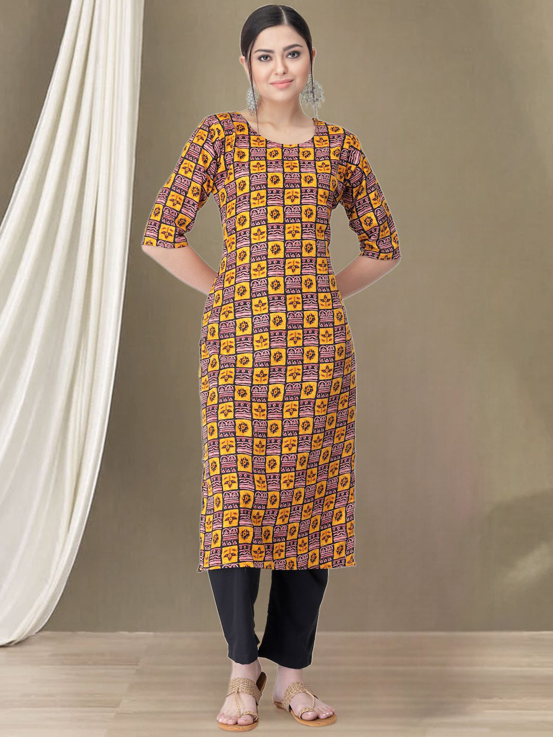 

Moda Rapido Yellow & Black Floral Printed Straight Kurta with Trousers