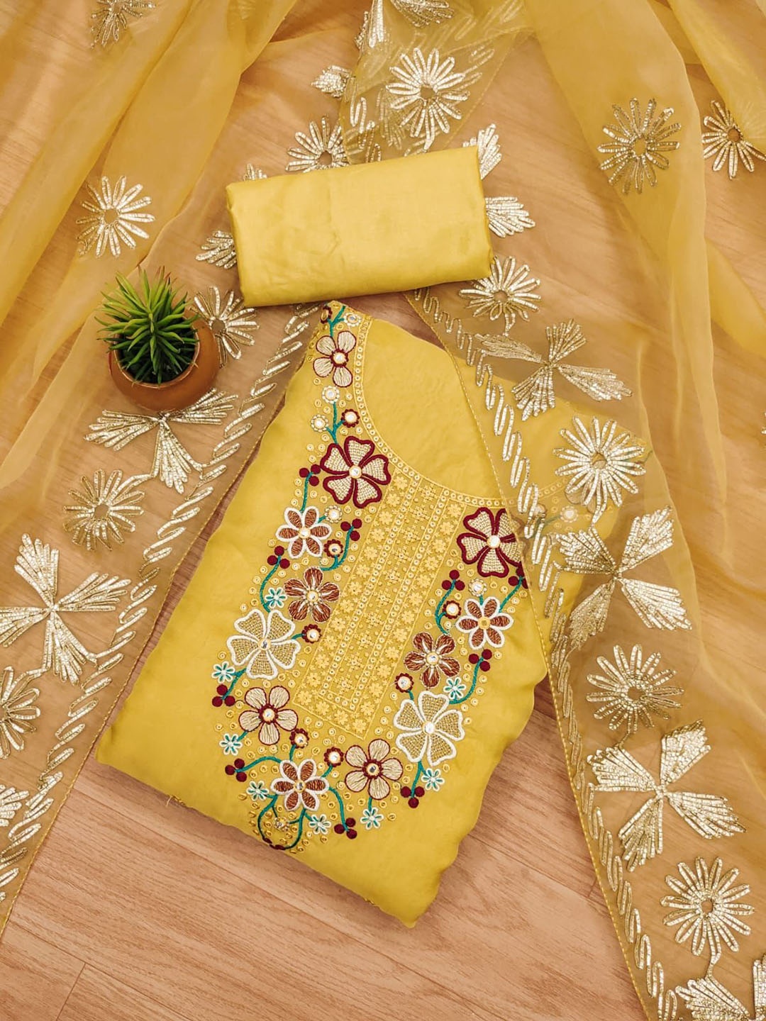 

Rangtulika Floral Embroidered Organza Unstitched Dress Material, Yellow