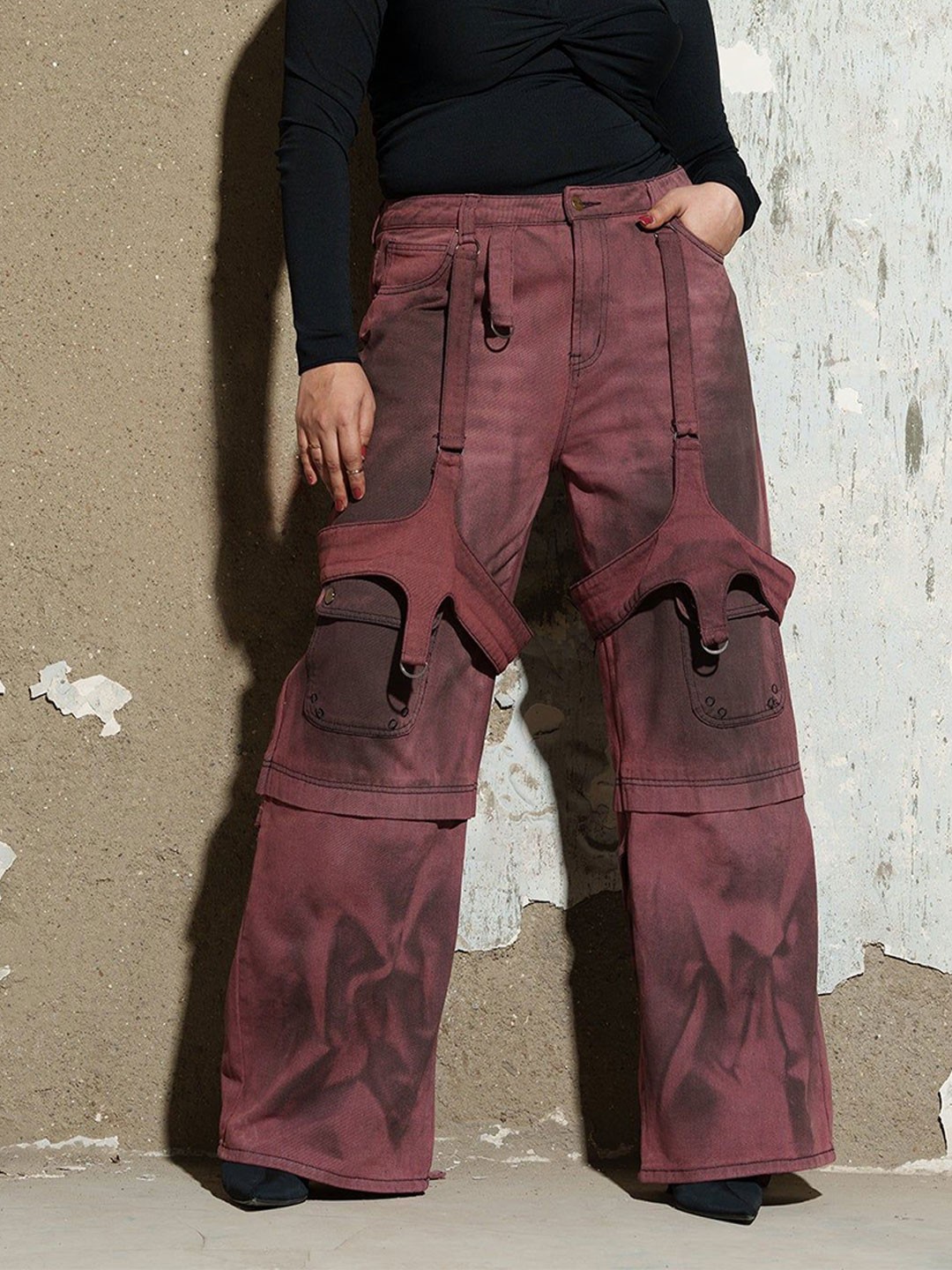 

FREAKINS Women Scarlet Siege Curve Denim Utility Cargo Jeans, Red