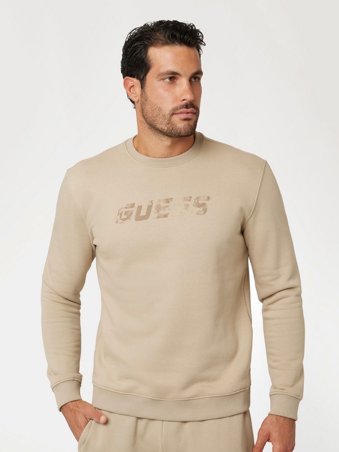

GUESS Men Round Neck Pullover Sweatshirt, Beige