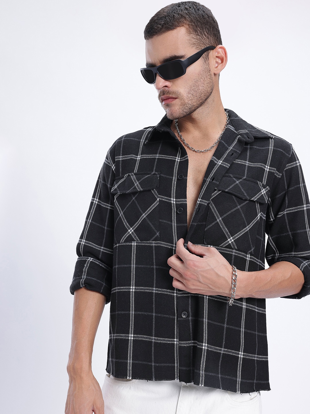 

glitchez Urban Utility Checked Raw Hem Relaxed Fit Shirt, Black