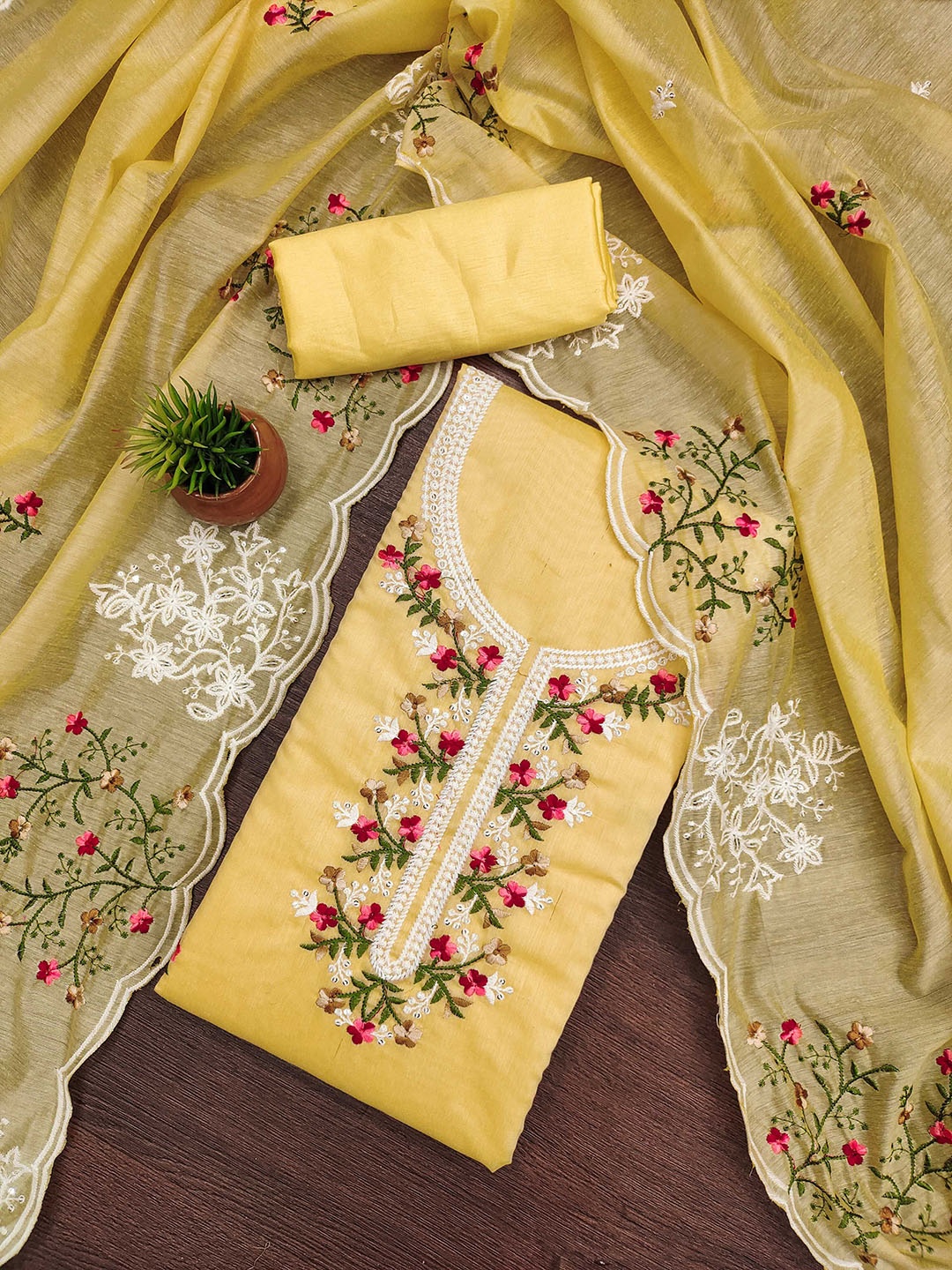 

MANVAA Embellished Unstitched Dress Material, Yellow