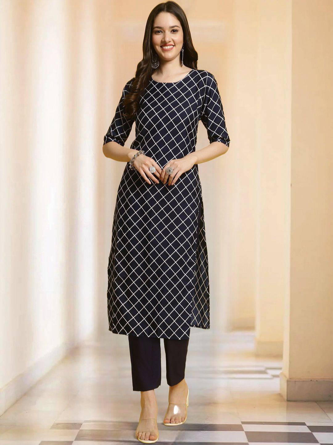 

Moda Rapido Blue & White Geometric Printed Straight Kurta with Trousers