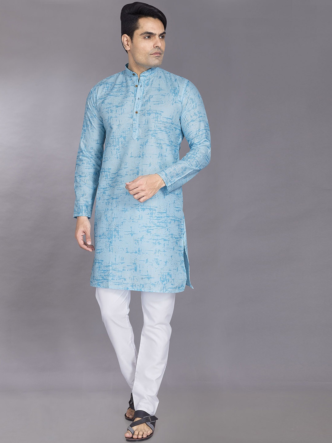 

DIVISIVE Slim Fit Abstract Printed Band Collar Kurta With Pyjama, Blue