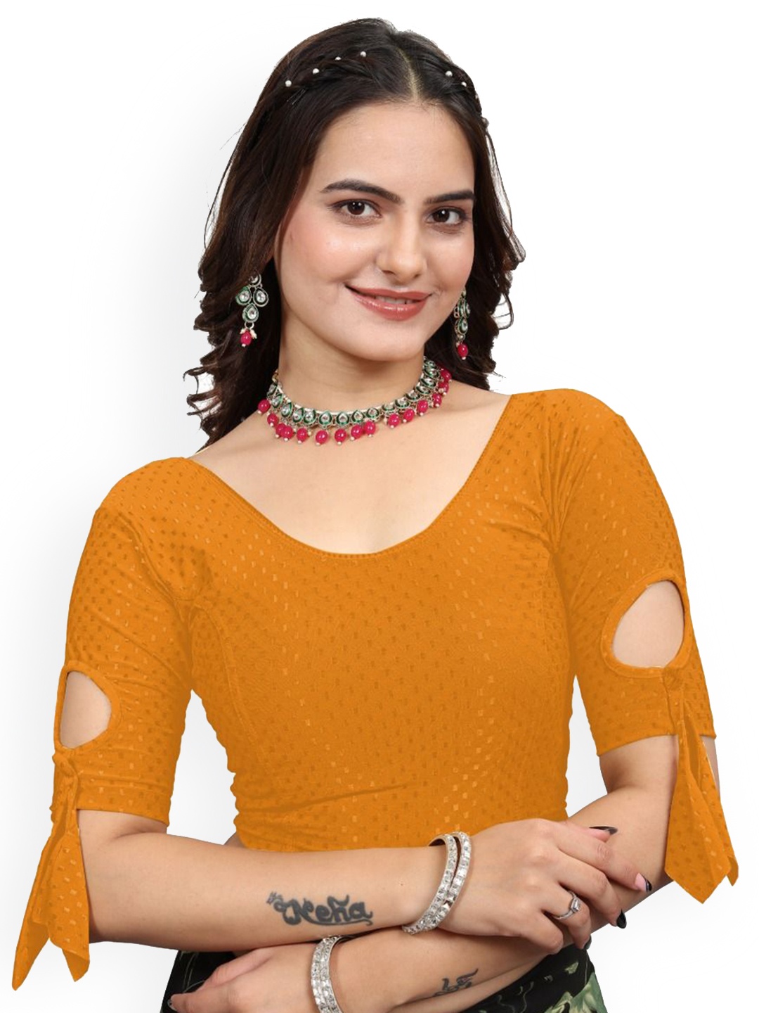 

SS Sanket Synthetics Self Design Stretchable Saree Blouse, Mustard