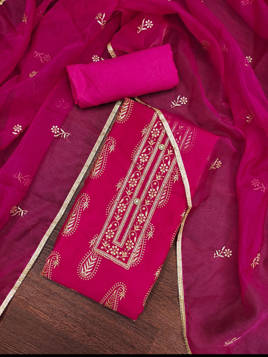 

MANVAA Embellished Unstitched Dress Material, Pink