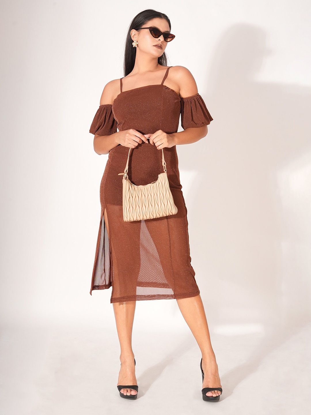 

clobug Off-Shoulder Cold-Shoulder Net Fit & Flare Dress, Brown