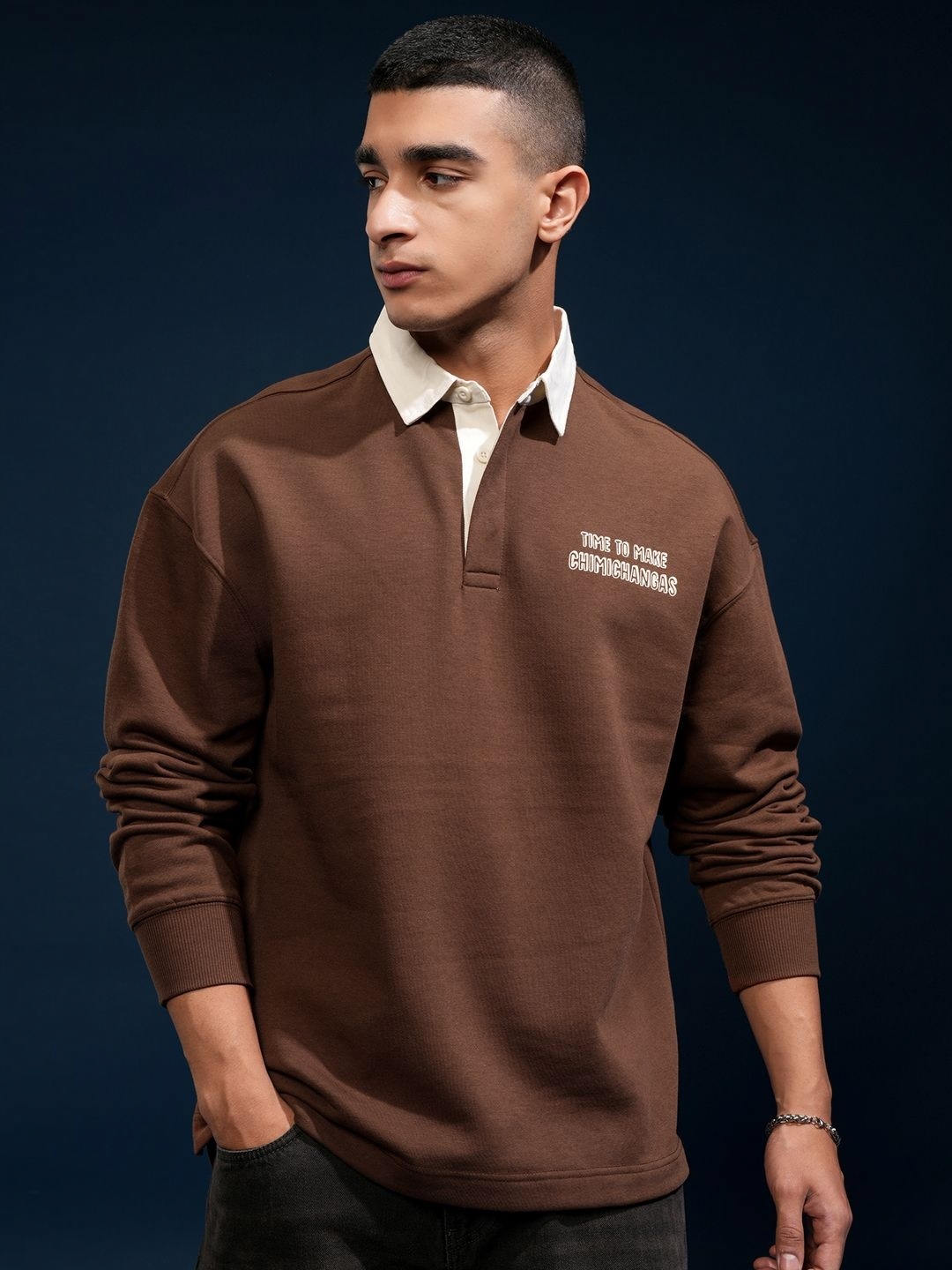 

HIGHLANDER Men Printed Polo Collar Drop Shoulder Sleeves Tshirt, Brown
