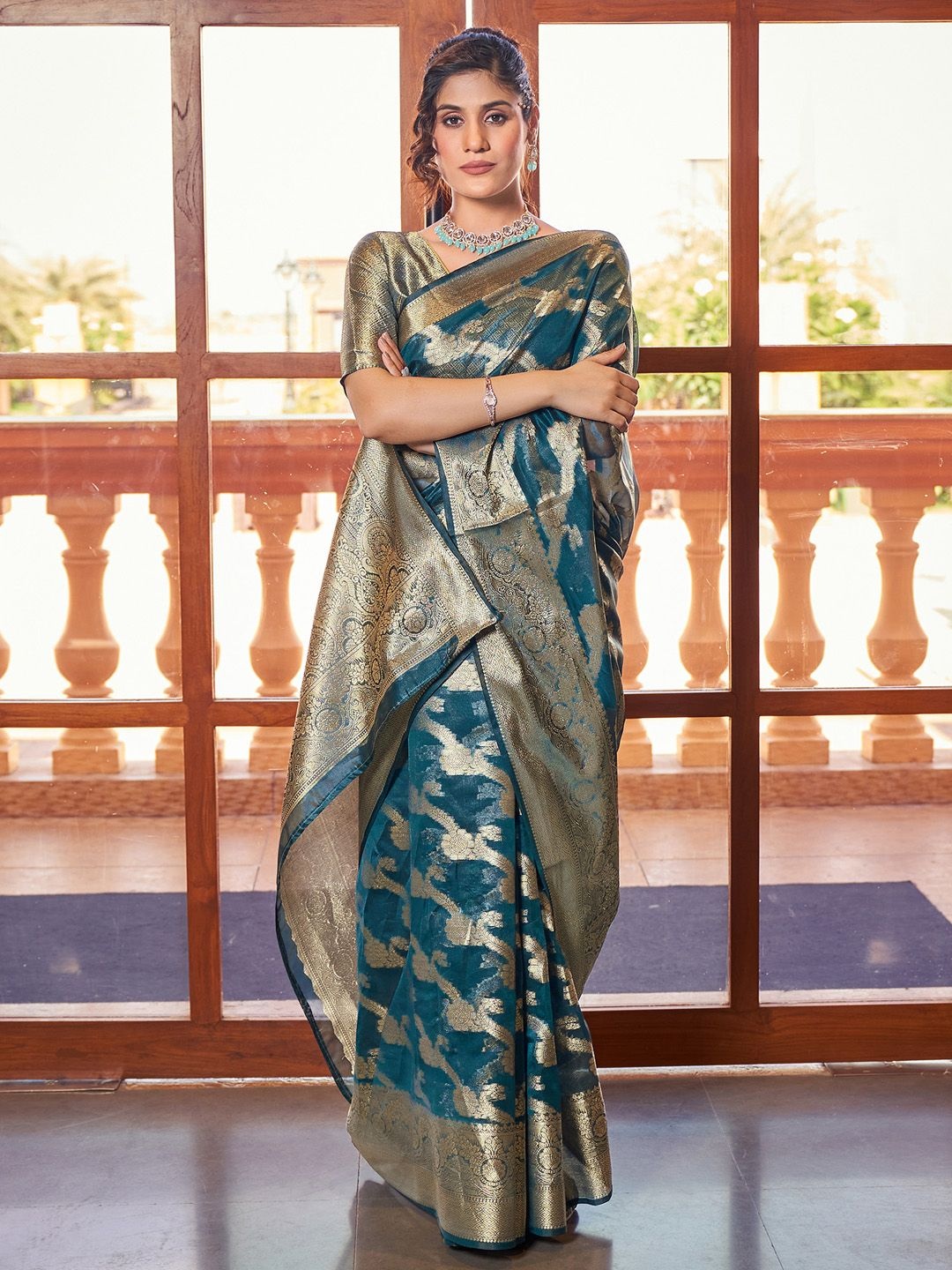 

Mitera Woven Design Zari Organza Banarasi Saree, Teal